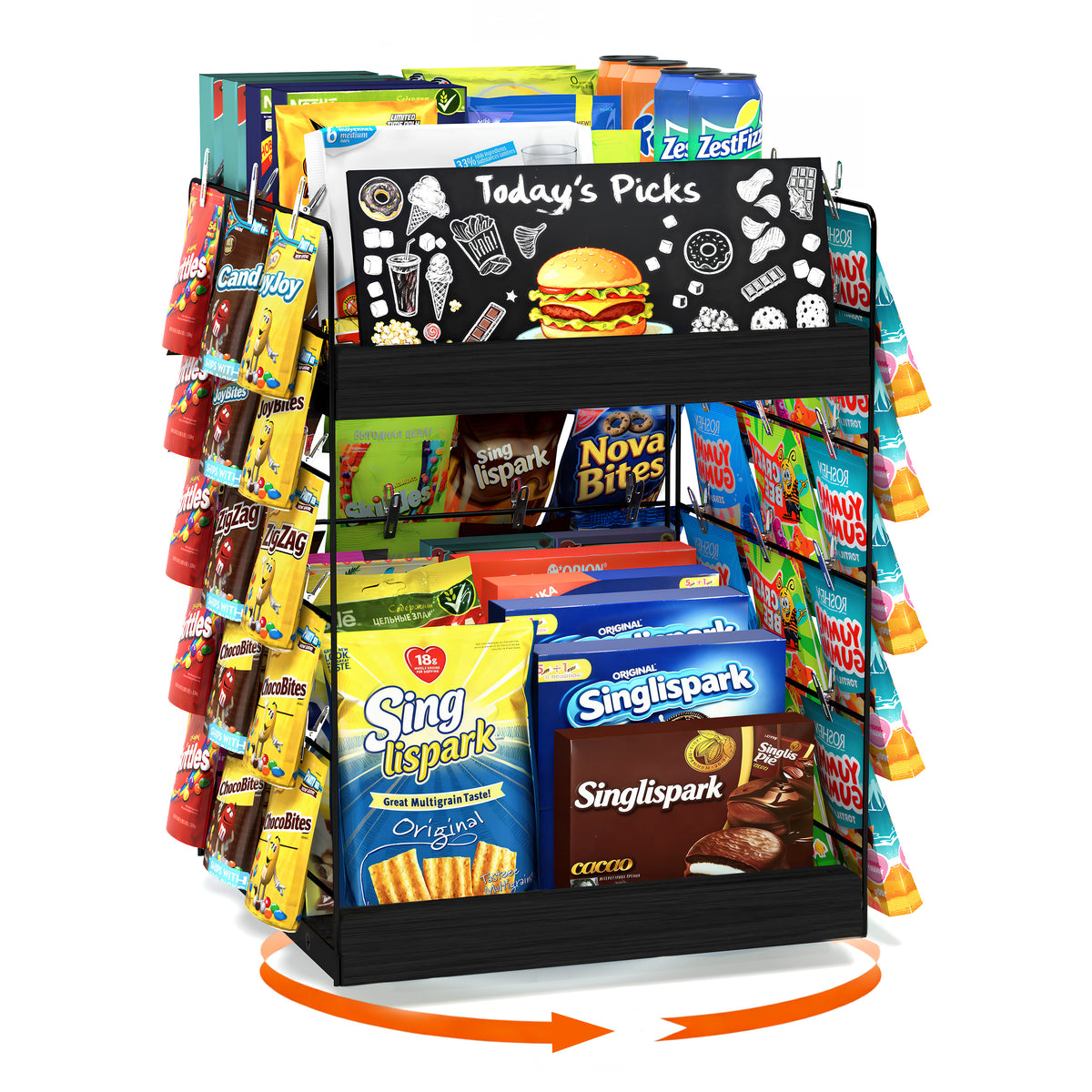 360 Rotating Snack Display Rack, 2 Tier Snack Organizer for Countertop