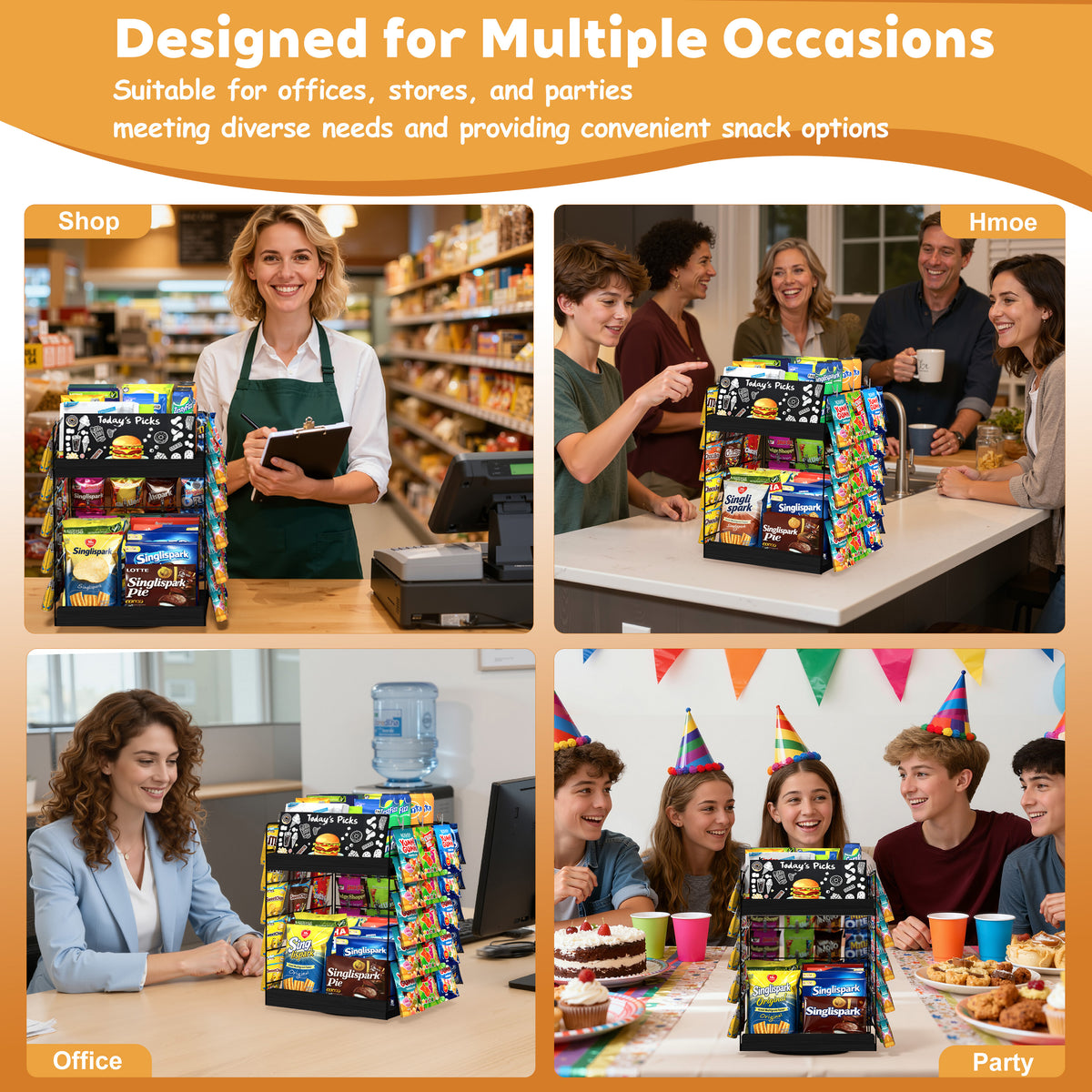 360 Rotating Snack Display Rack, 2 Tier Snack Organizer for Countertop