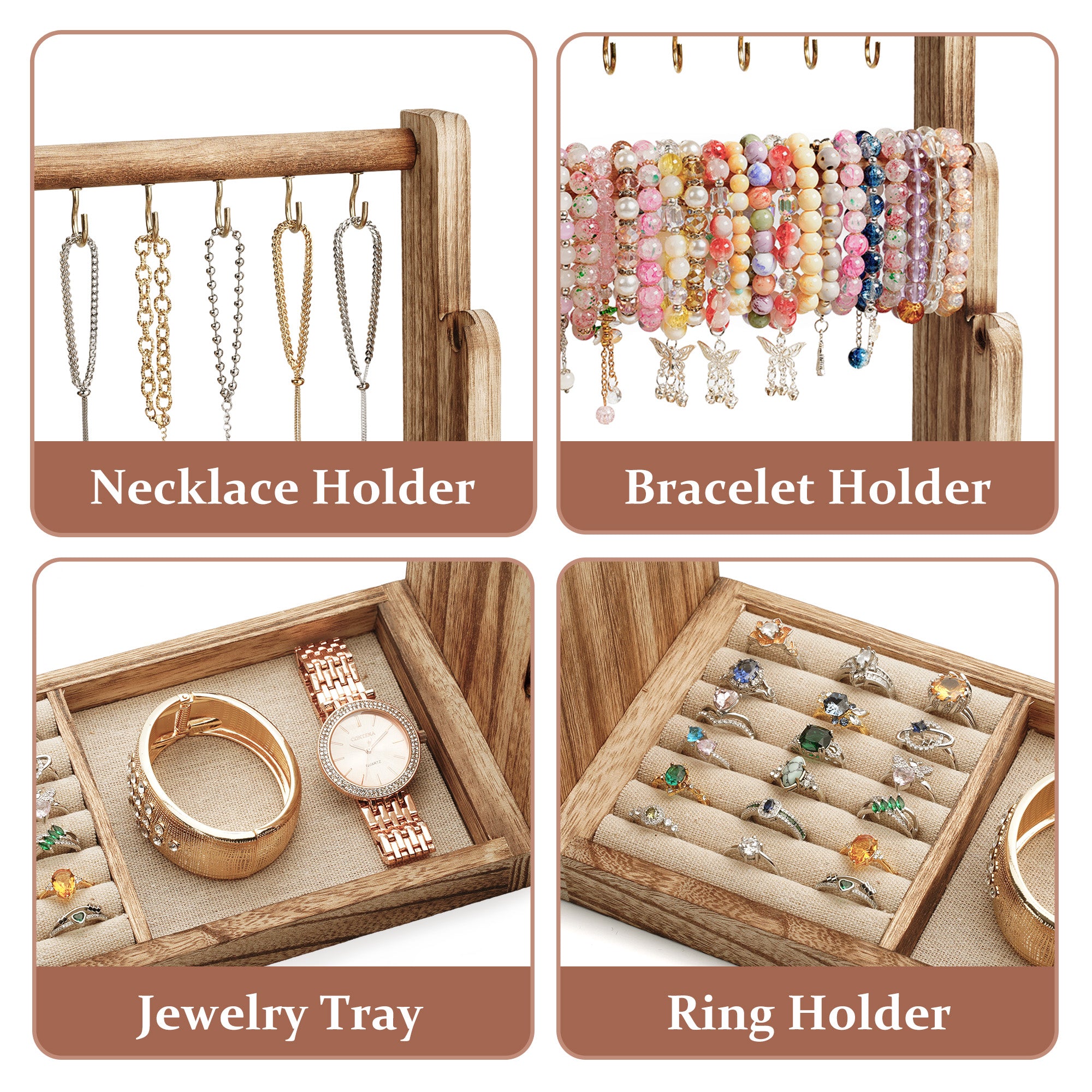 Jewelry Organizer, 4 Tier Wooden Jewelry Stands