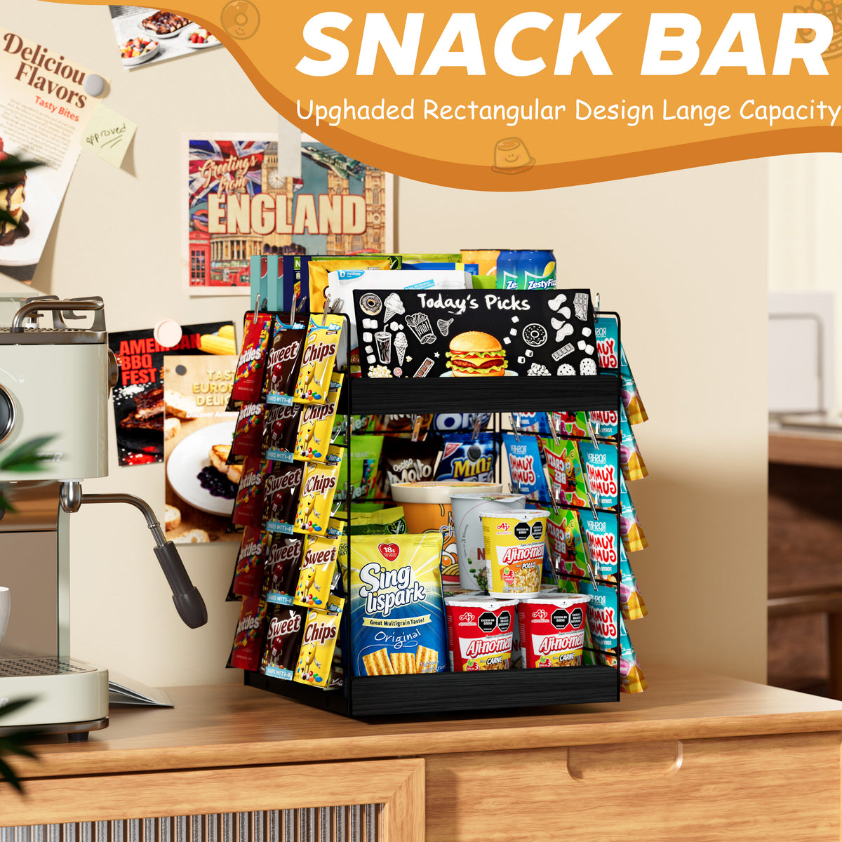 360 Rotating Snack Display Rack, 2 Tier Snack Organizer for Countertop