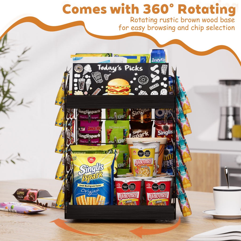 360 Rotating Snack Display Rack, 2 Tier Snack Organizer for Countertop