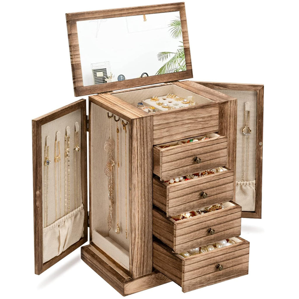 5 Layer Large Wood Jewelry Boxes & Organizers for Necklaces Earrings Rings Bracelets
