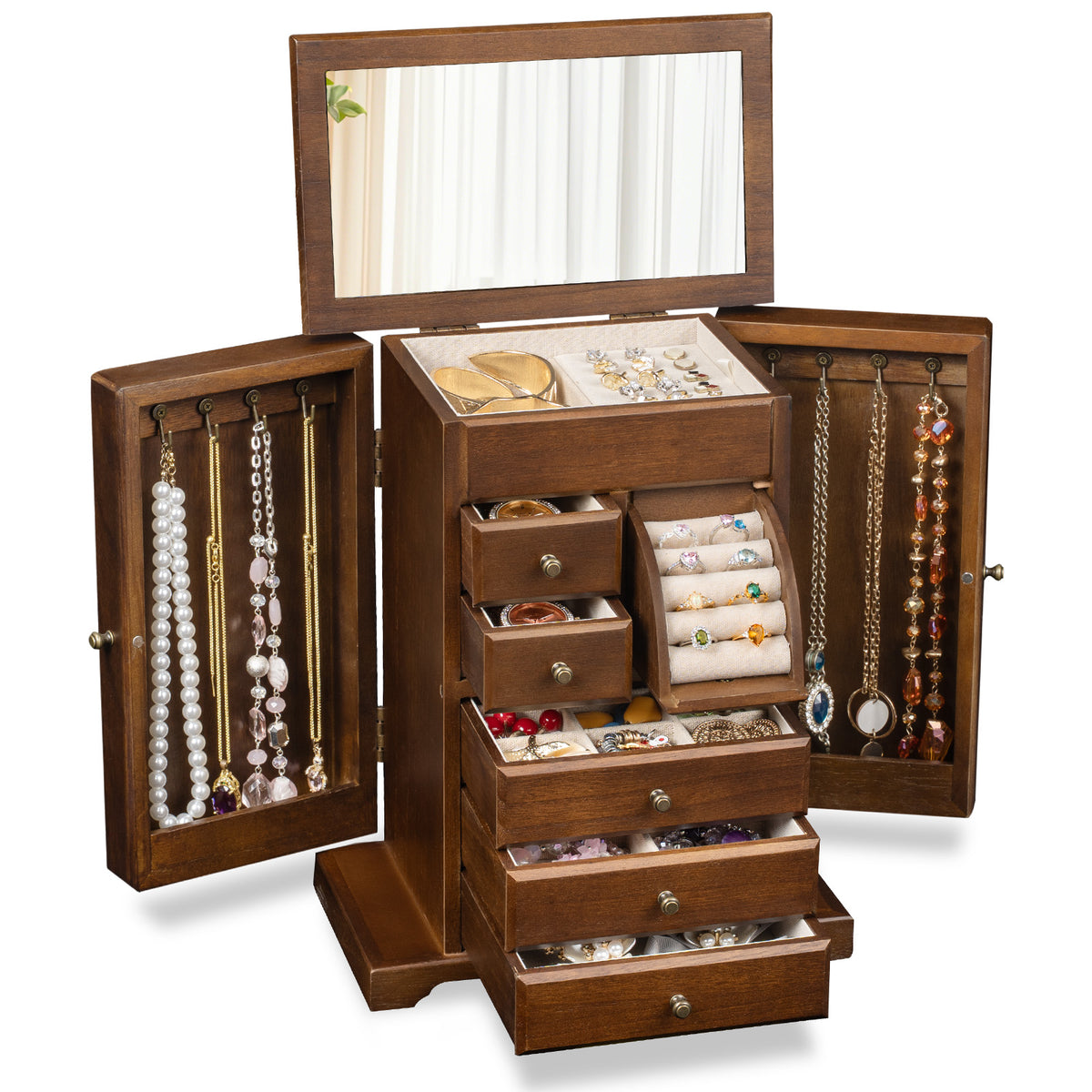 6 Layer Rustic Wooden Jewelry Boxes & Organizers with Mirror