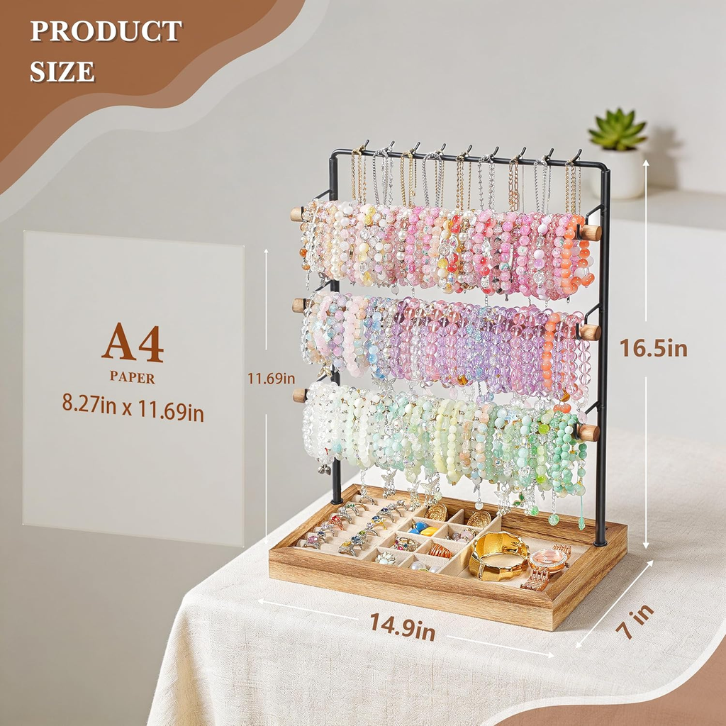 Jewelry Organizer Stand, 5 Layer Wood & Metal Bracelet Holder with Necklace Holder Pole
