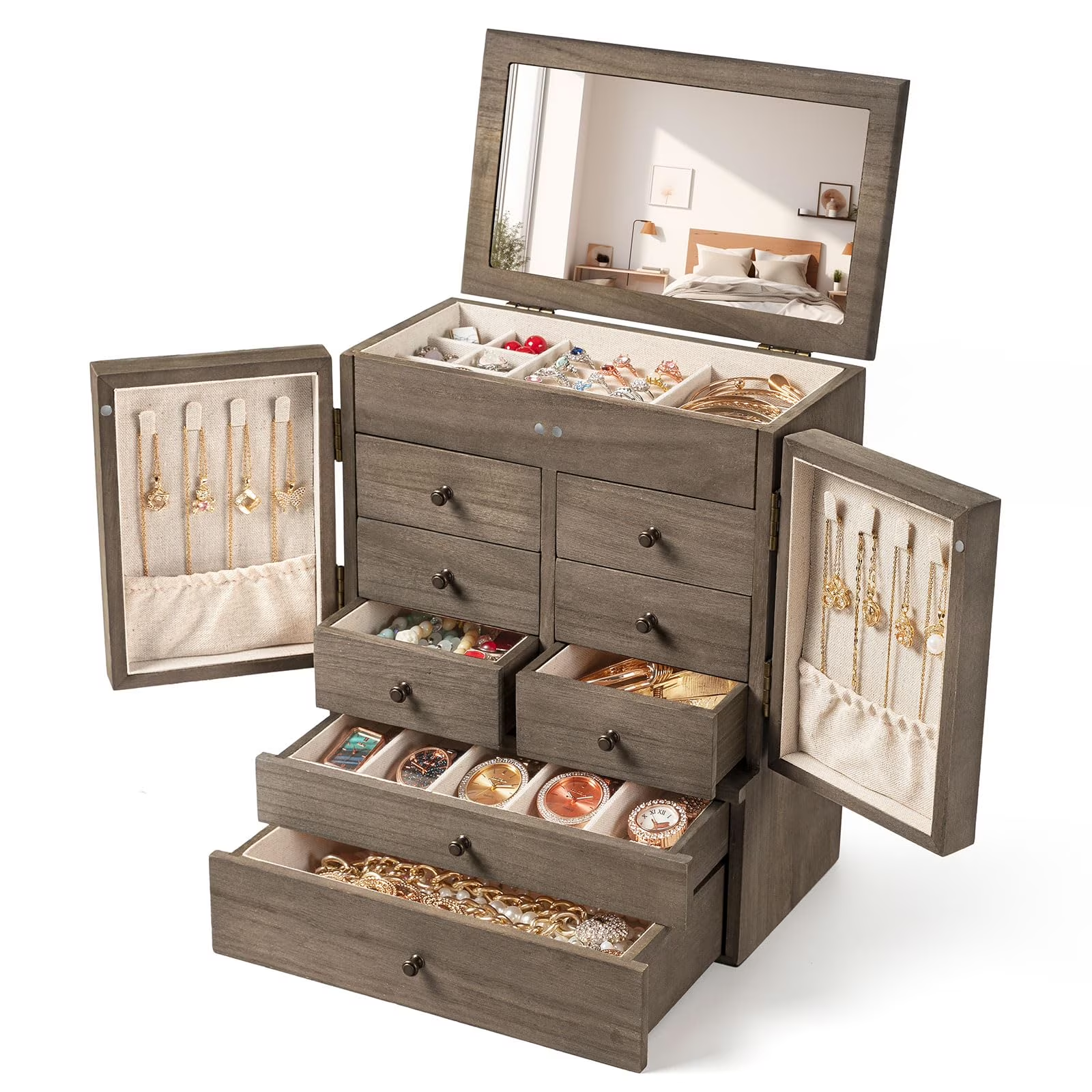 6-Layer Jewelry Box with Mirror & 8 Drawers for Women