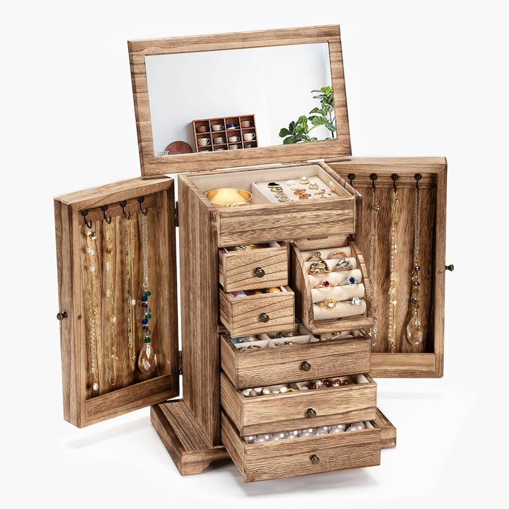 6 Layer Rustic Wooden Jewelry Boxes & Organizers with Mirror