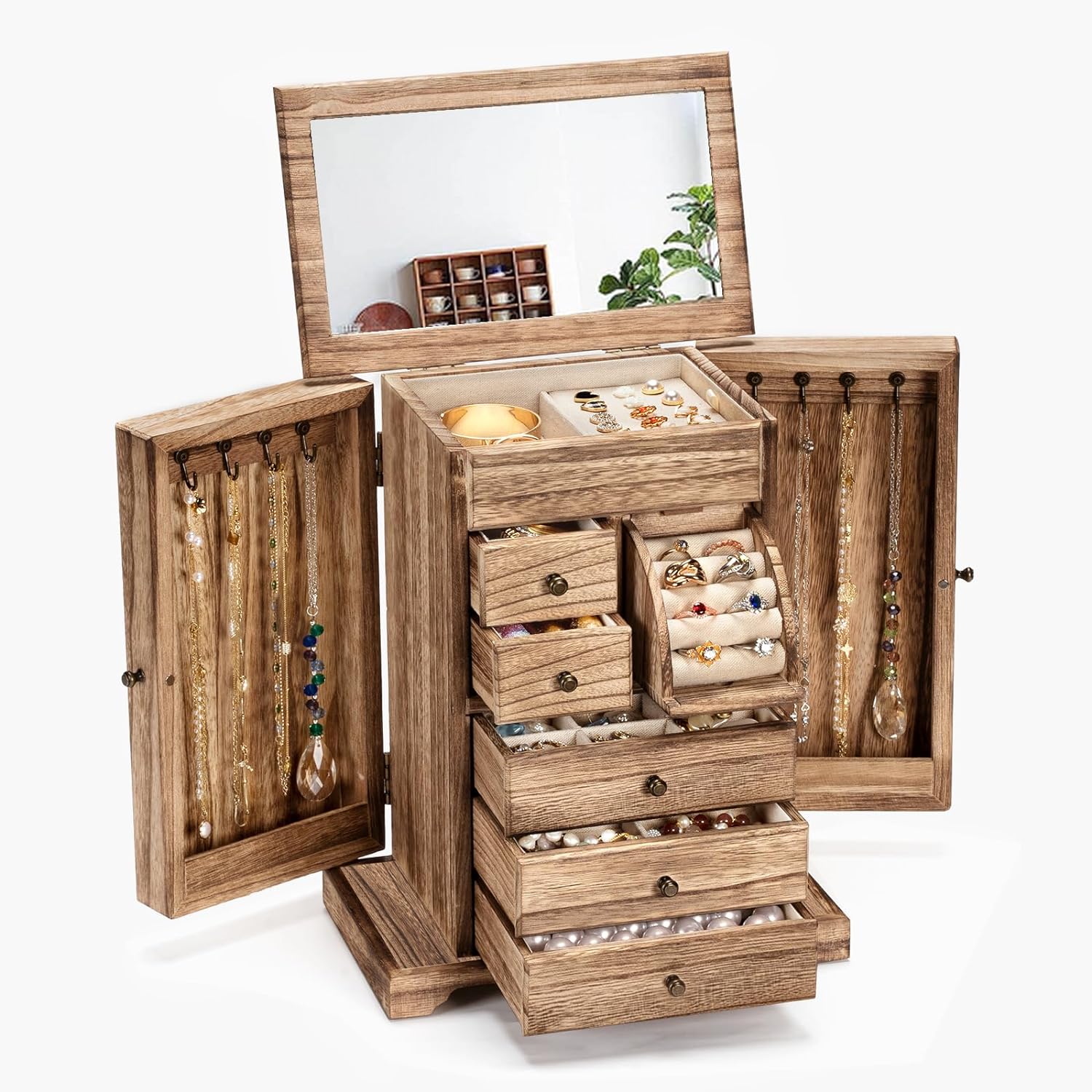 6 Layer Rustic Wooden Jewelry Boxes & Organizers with Mirror
