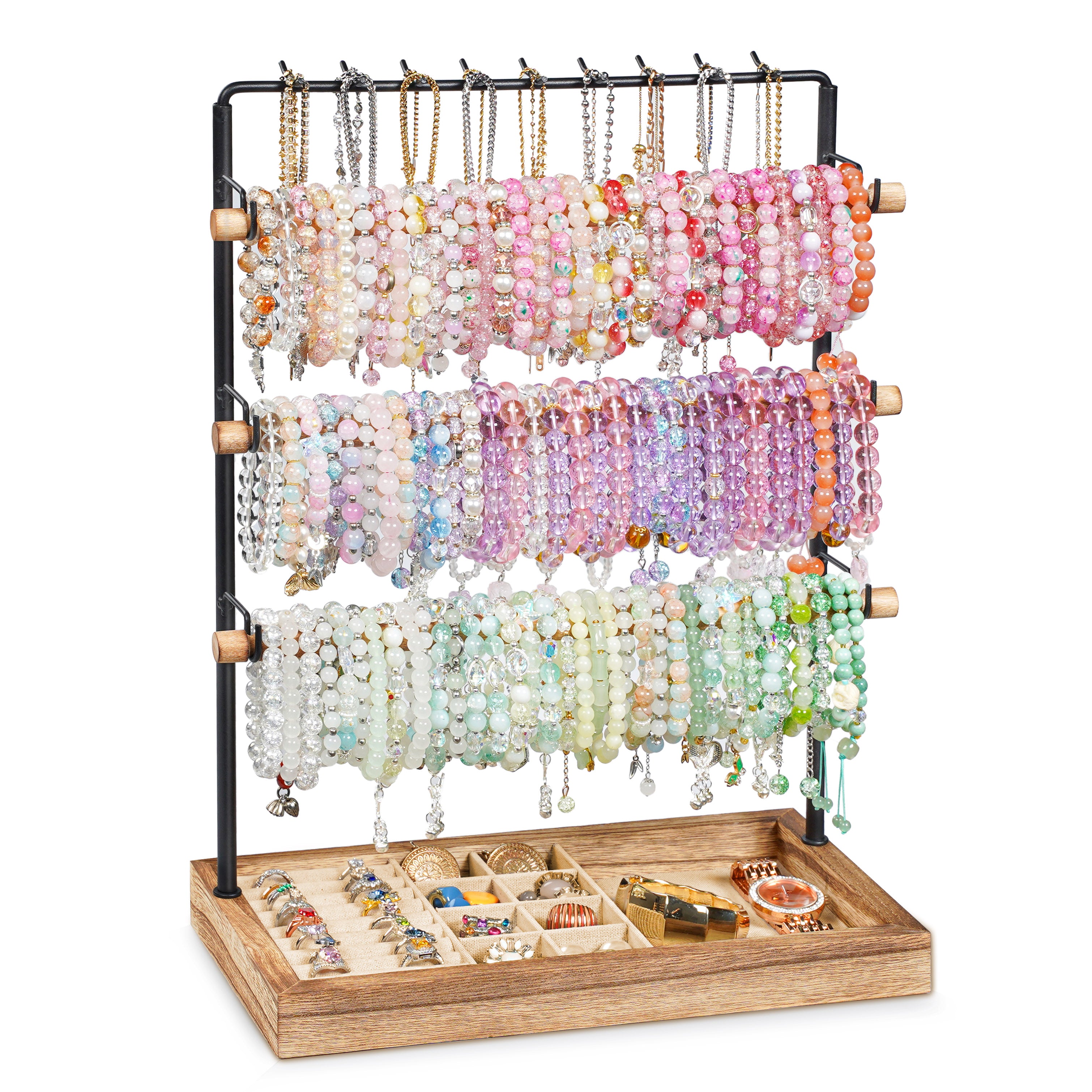 Jewelry Organizer Stand, 5 Layer Wood & Metal Bracelet Holder with Necklace Holder Pole