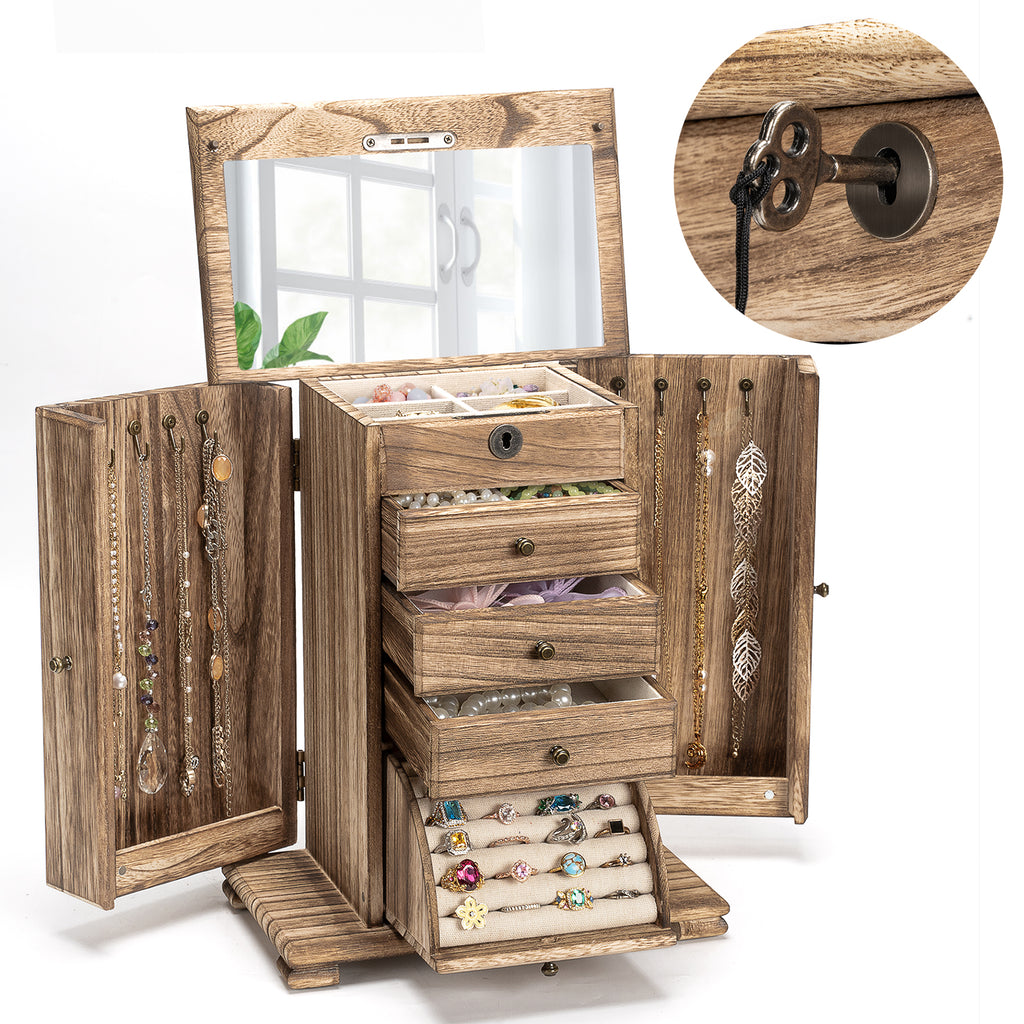 Dinmligt 5 Layer Large Wooden Jewelry Boxes & Organizers with Lock,Rustic Brown