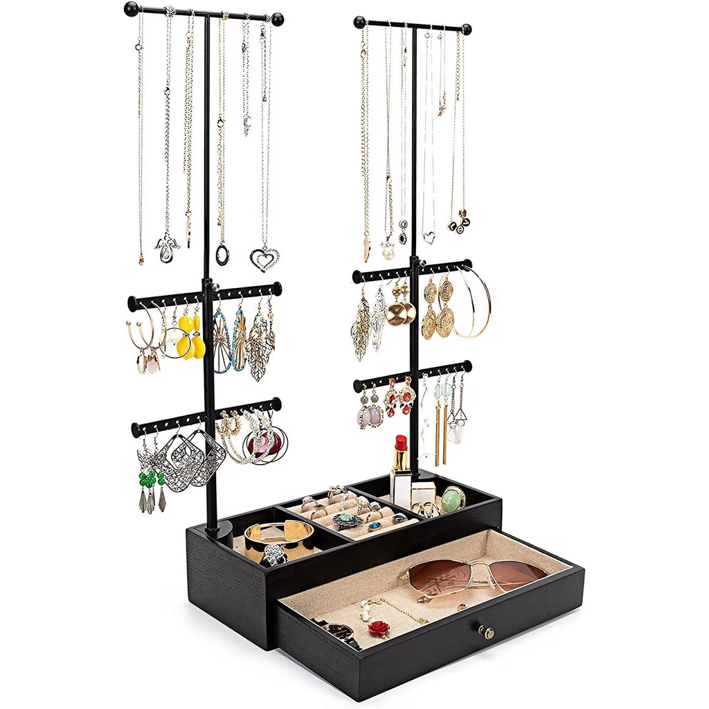 Jewelry Organizer Stand, Wood Jewelry Drawer Storage Box with Double Rods