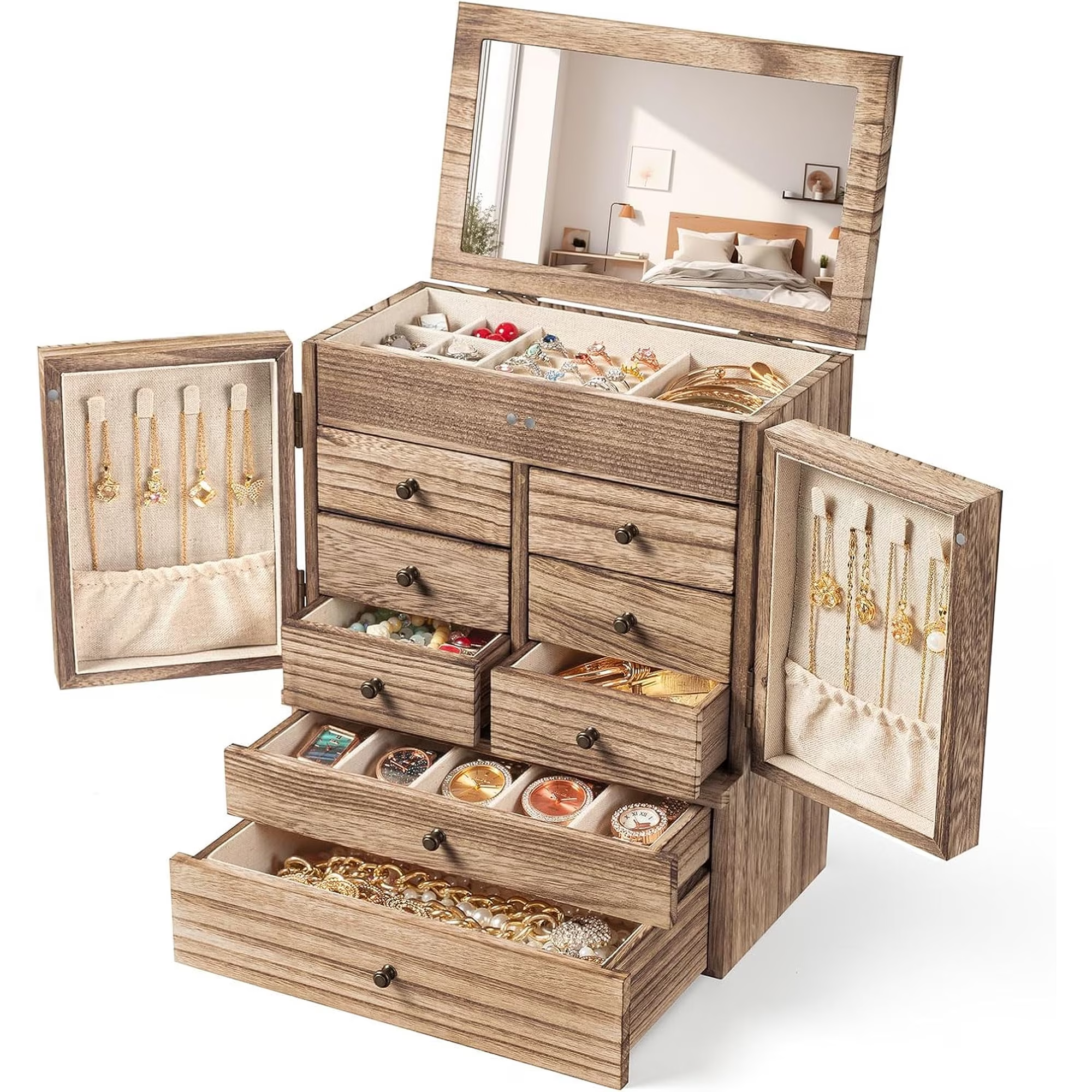 6-Layer Jewelry Box with Mirror & 8 Drawers for Women