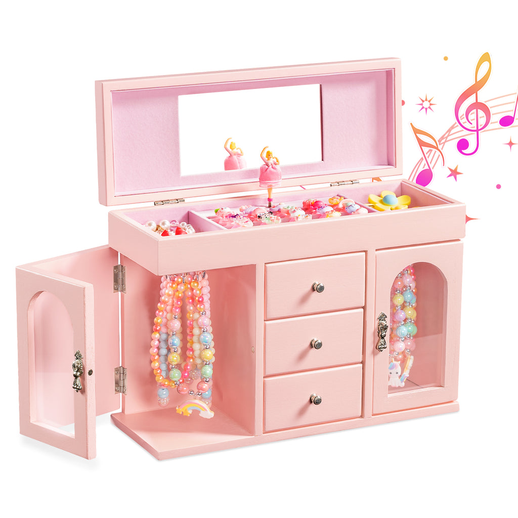 Musical Jewelry Box for Girls, Wooden Jewelry Organizer Box with Mirror