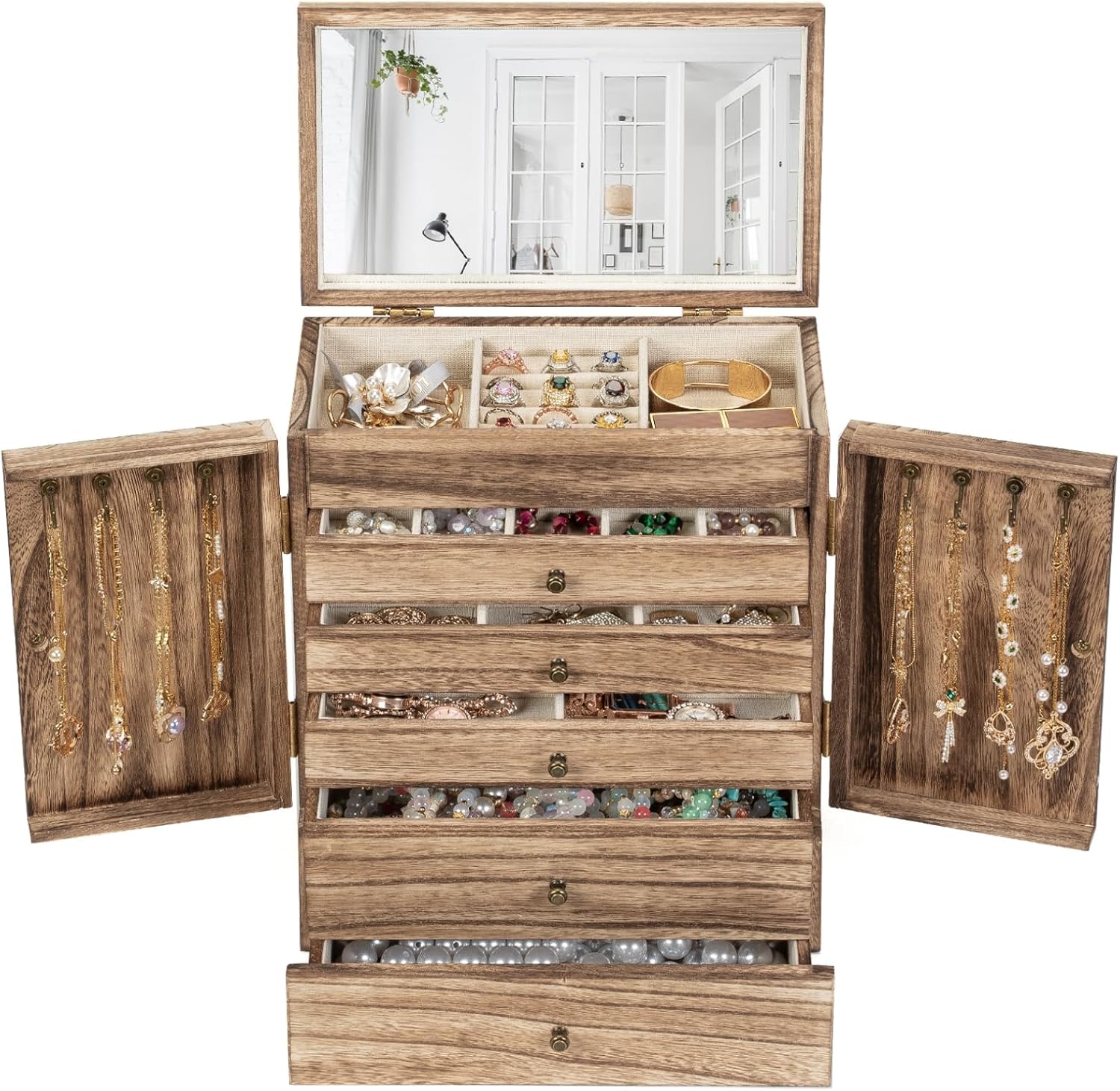 Sfugno Jewelry Box, 6-Tier Large Wooden Jewelry Organizer Boxes