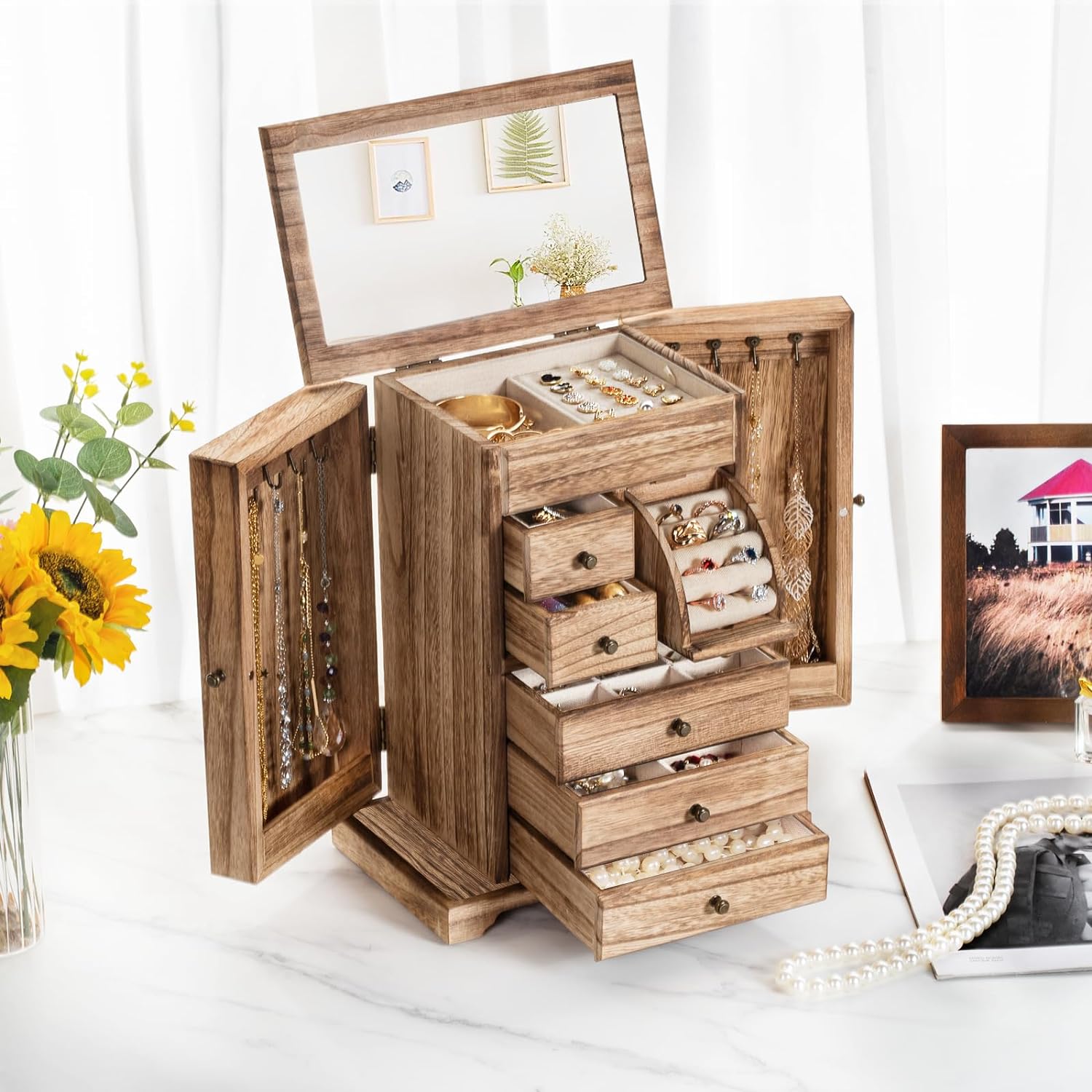 6 Layer Rustic Wooden Jewelry Boxes & Organizers with Mirror