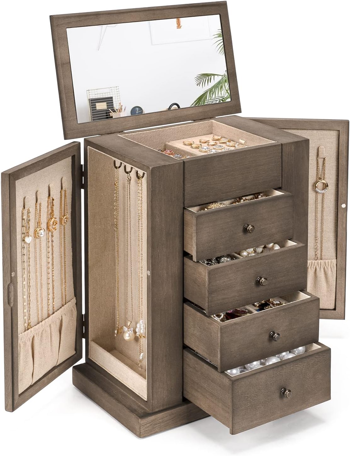 5 Layer Large Wood Jewelry Boxes & Organizers for Necklaces Earrings Rings Bracelets