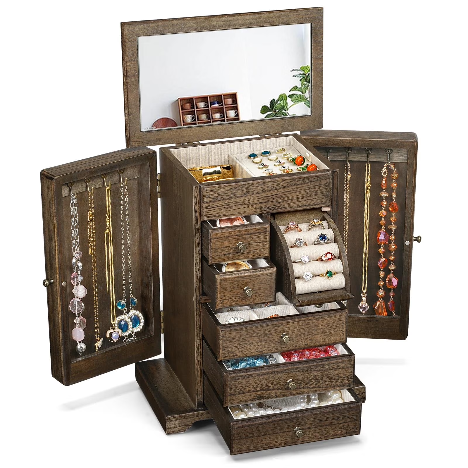 6 Layer Rustic Wooden Jewelry Boxes & Organizers with Mirror