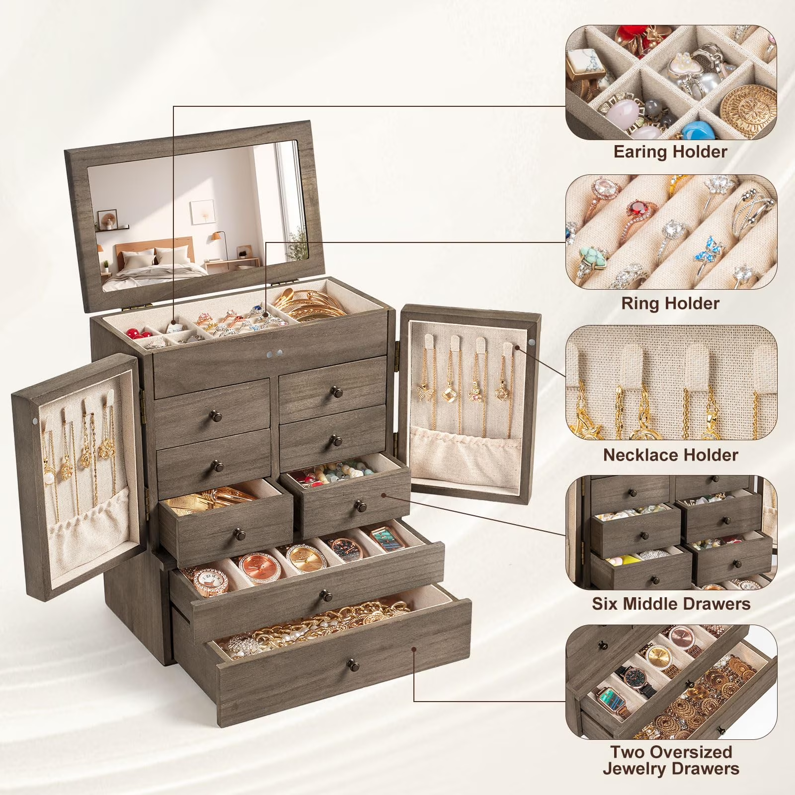 6-Layer Jewelry Box with Mirror & 8 Drawers for Women