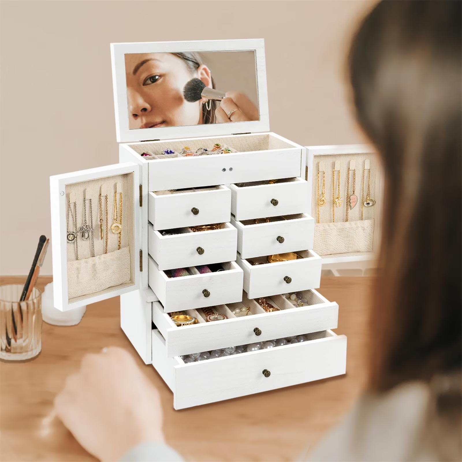 6-Layer Jewelry Box with Mirror & 8 Drawers for Women