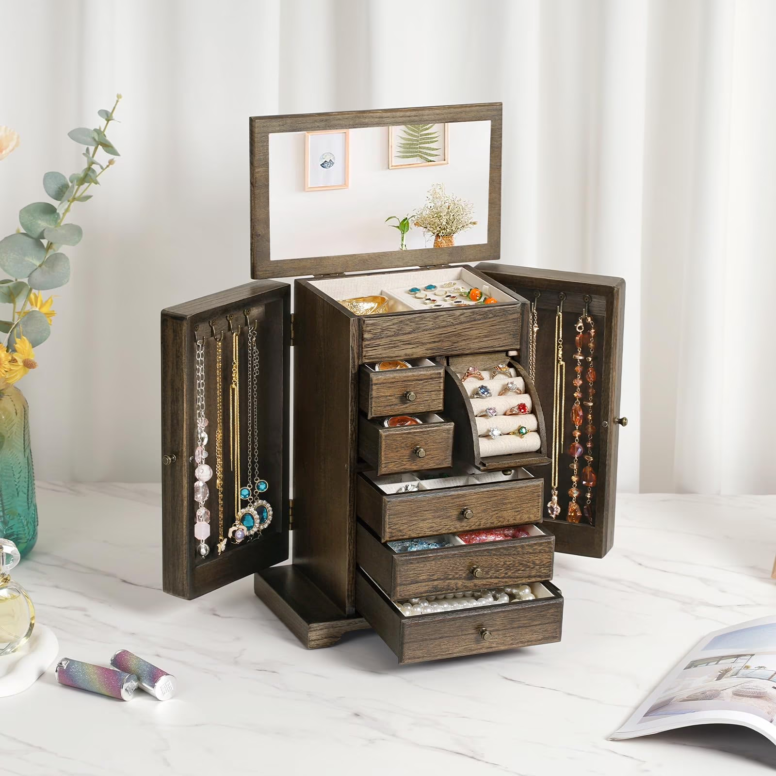 6 Layer Rustic Wooden Jewelry Boxes & Organizers with Mirror