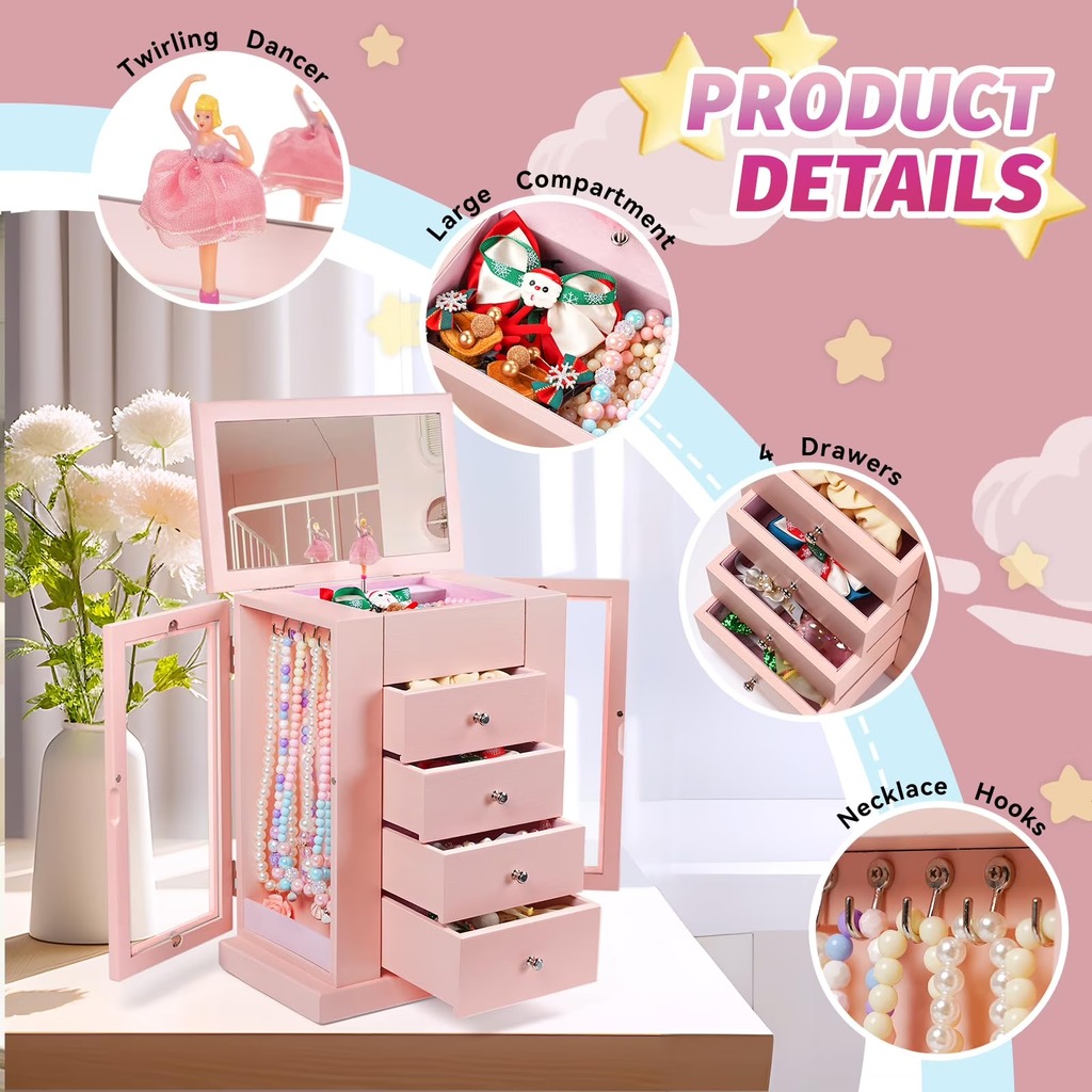 5 Layer Musical Jewelry Organizer with Spinning Dancer for Kids