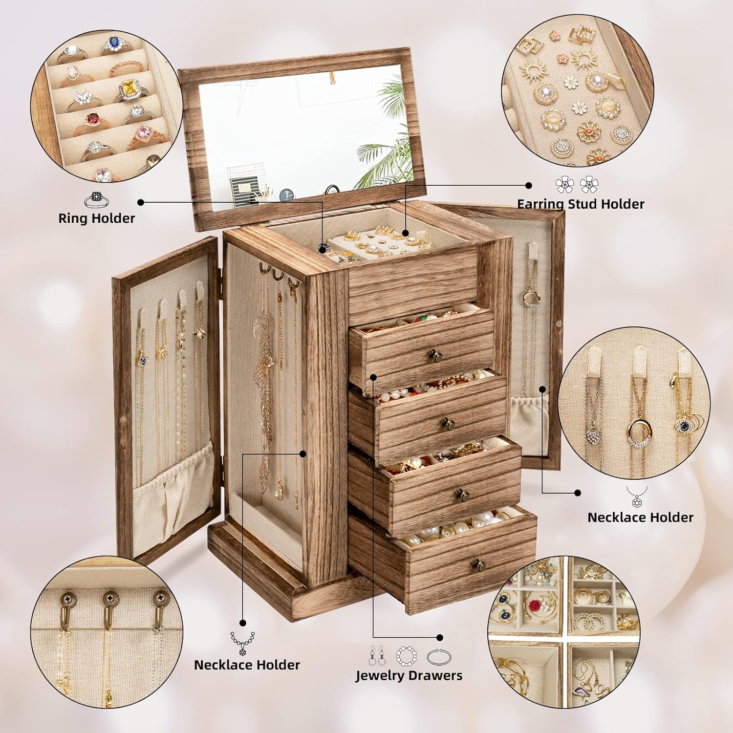 5 Layer Large Wood Jewelry Boxes & Organizers for Necklaces Earrings Rings Bracelets