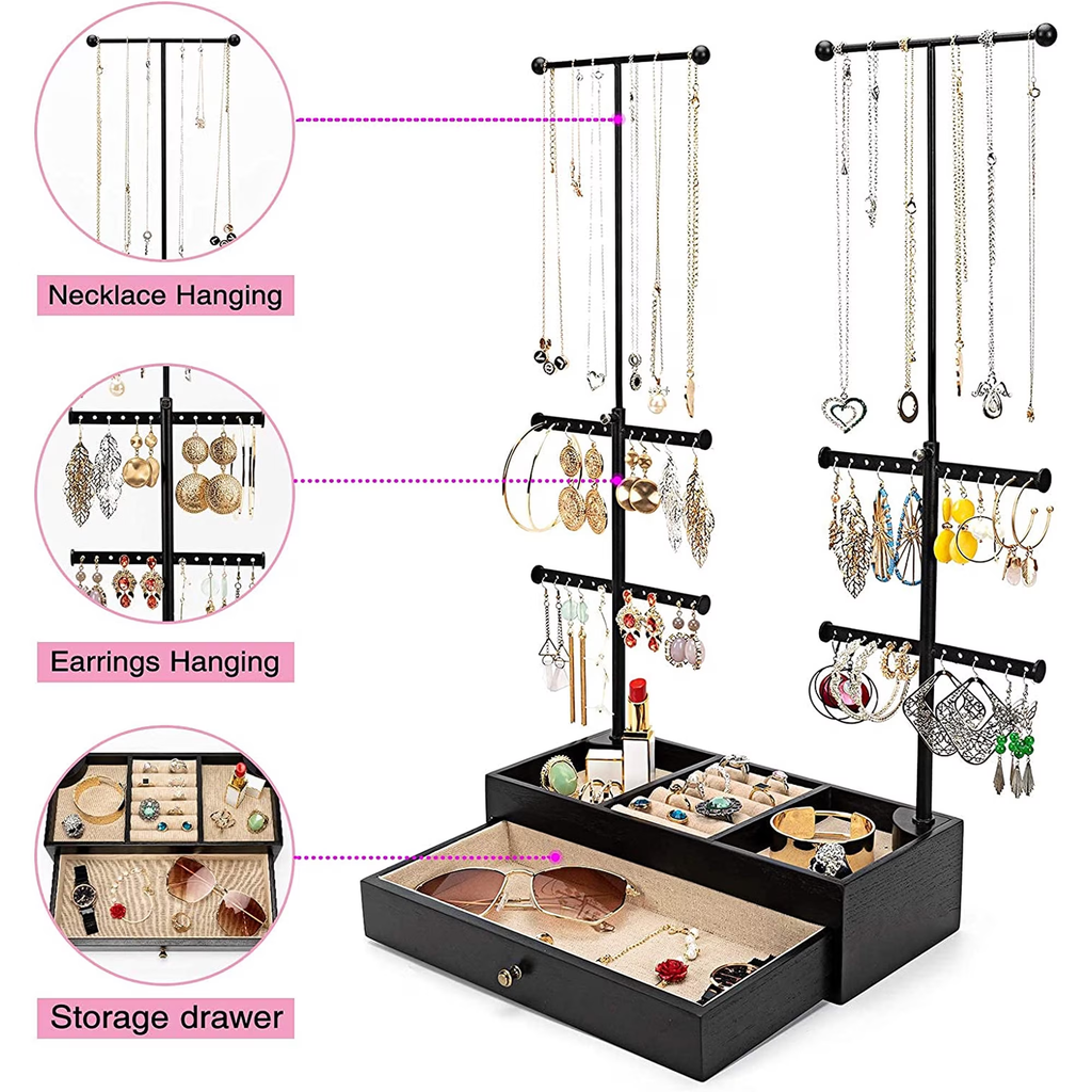 Jewelry Organizer Stand, Wood Jewelry Drawer Storage Box with Double Rods