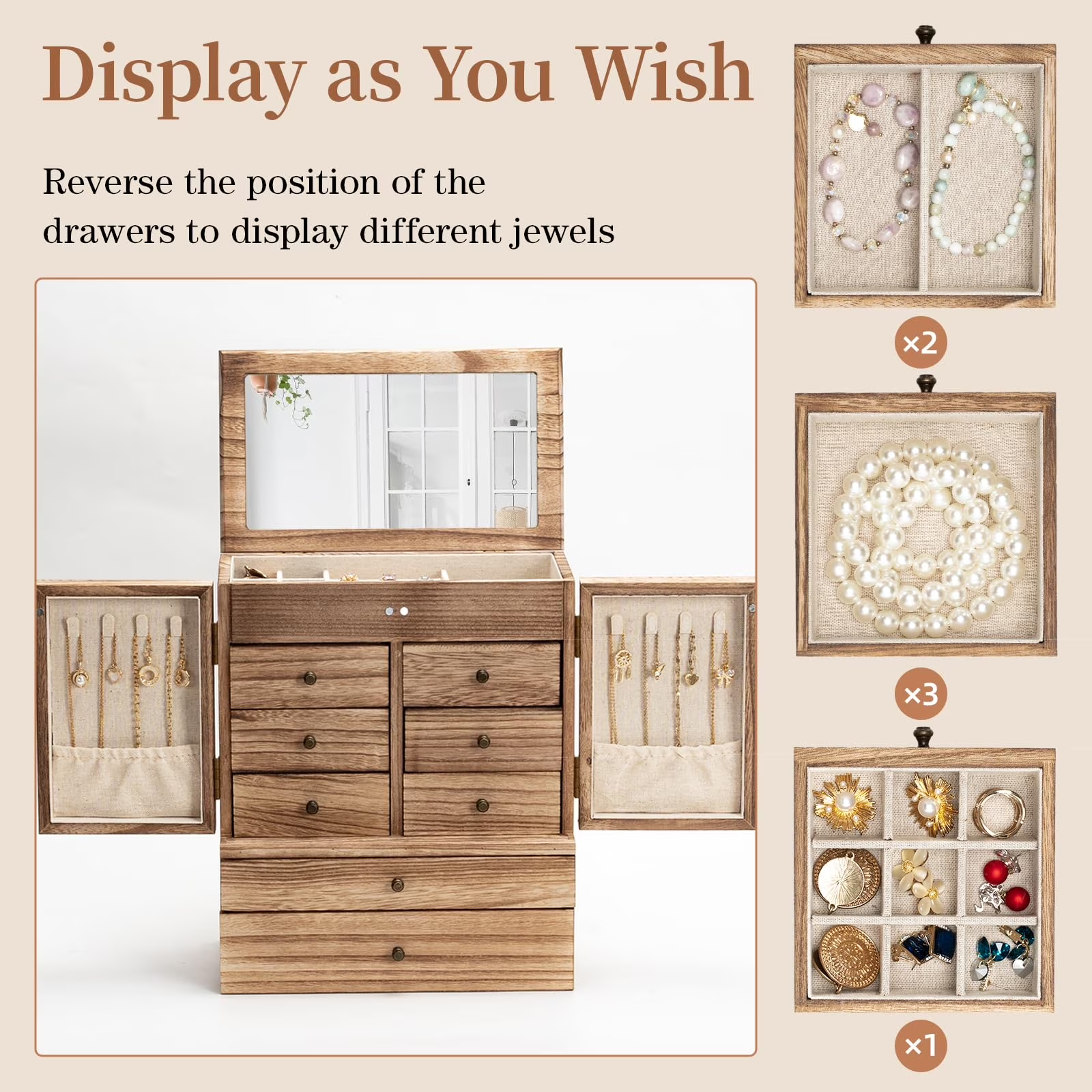 6-Layer Jewelry Box with Mirror & 8 Drawers for Women