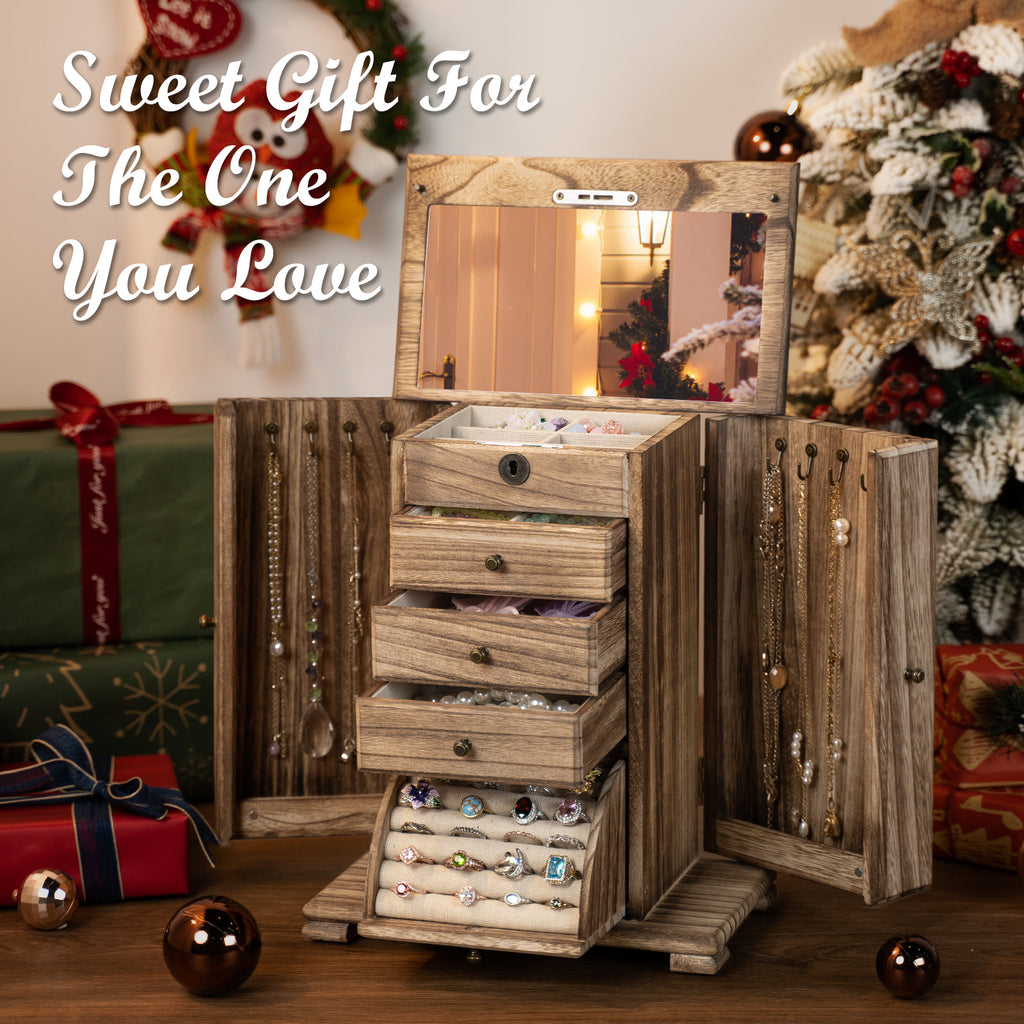 Dinmligt 5 Layer Large Wooden Jewelry Boxes & Organizers with Lock,Rustic Brown