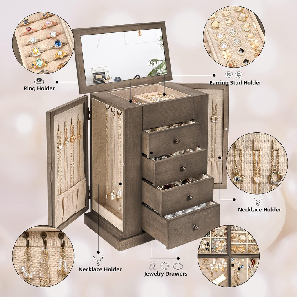 5 Layer Large Wood Jewelry Boxes & Organizers for Necklaces Earrings Rings Bracelets