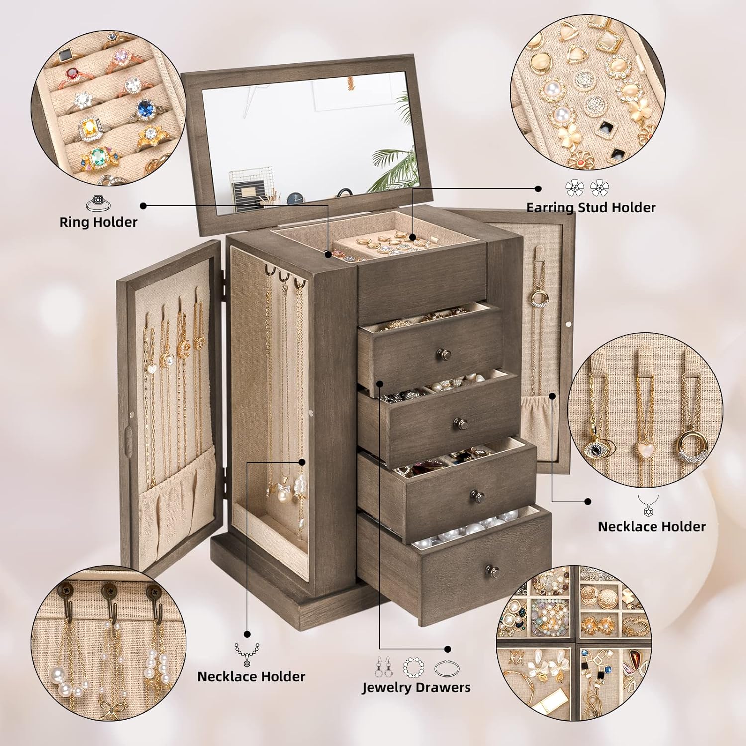 5 Layer Large Wood Jewelry Boxes & Organizers for Necklaces Earrings Rings Bracelets