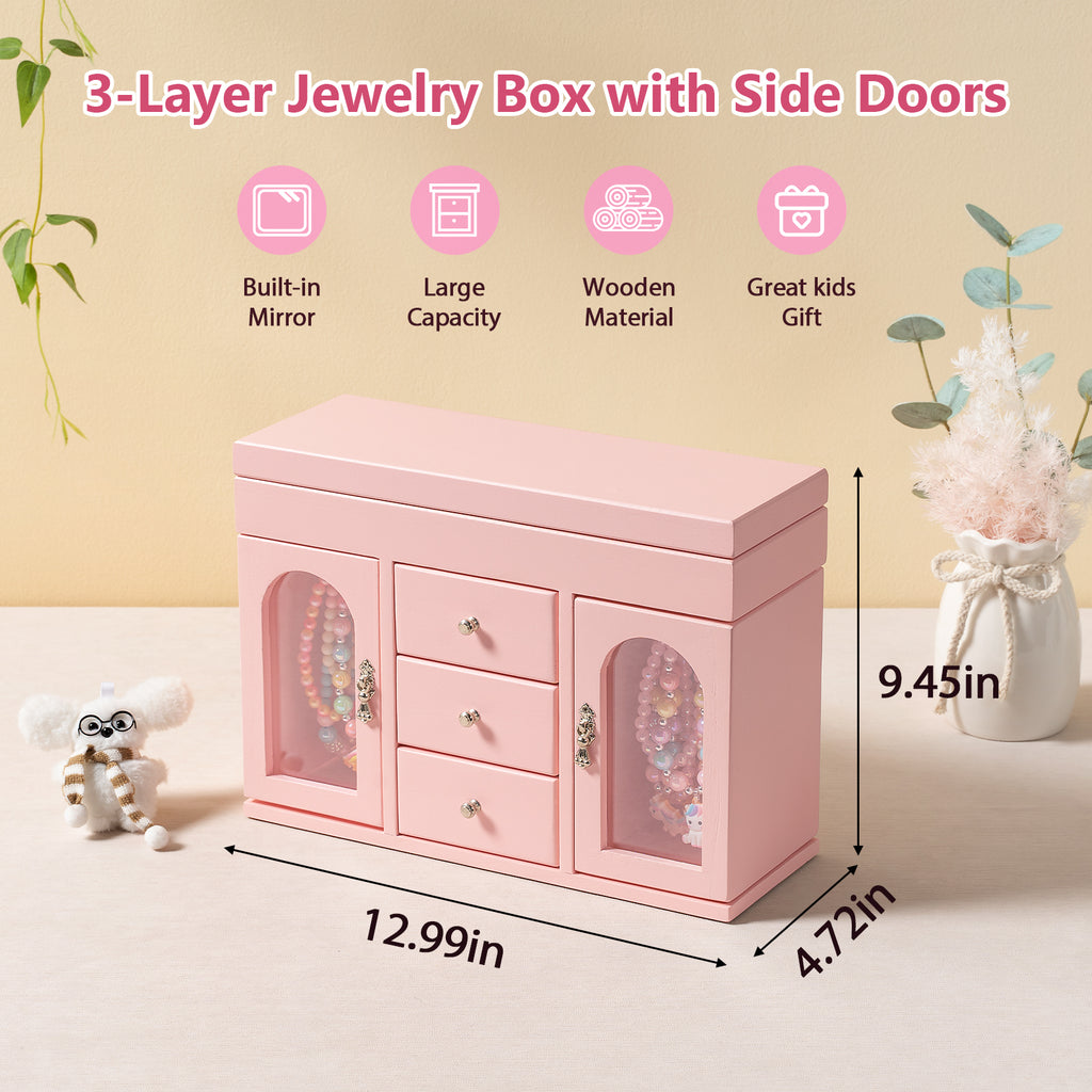 Musical Jewelry Box for Girls, Wooden Jewelry Organizer Box with Mirror