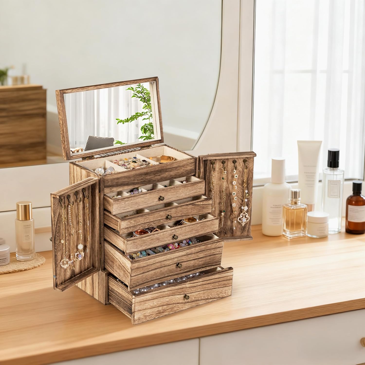 Sfugno Jewelry Box, 6-Tier Large Wooden Jewelry Organizer Boxes