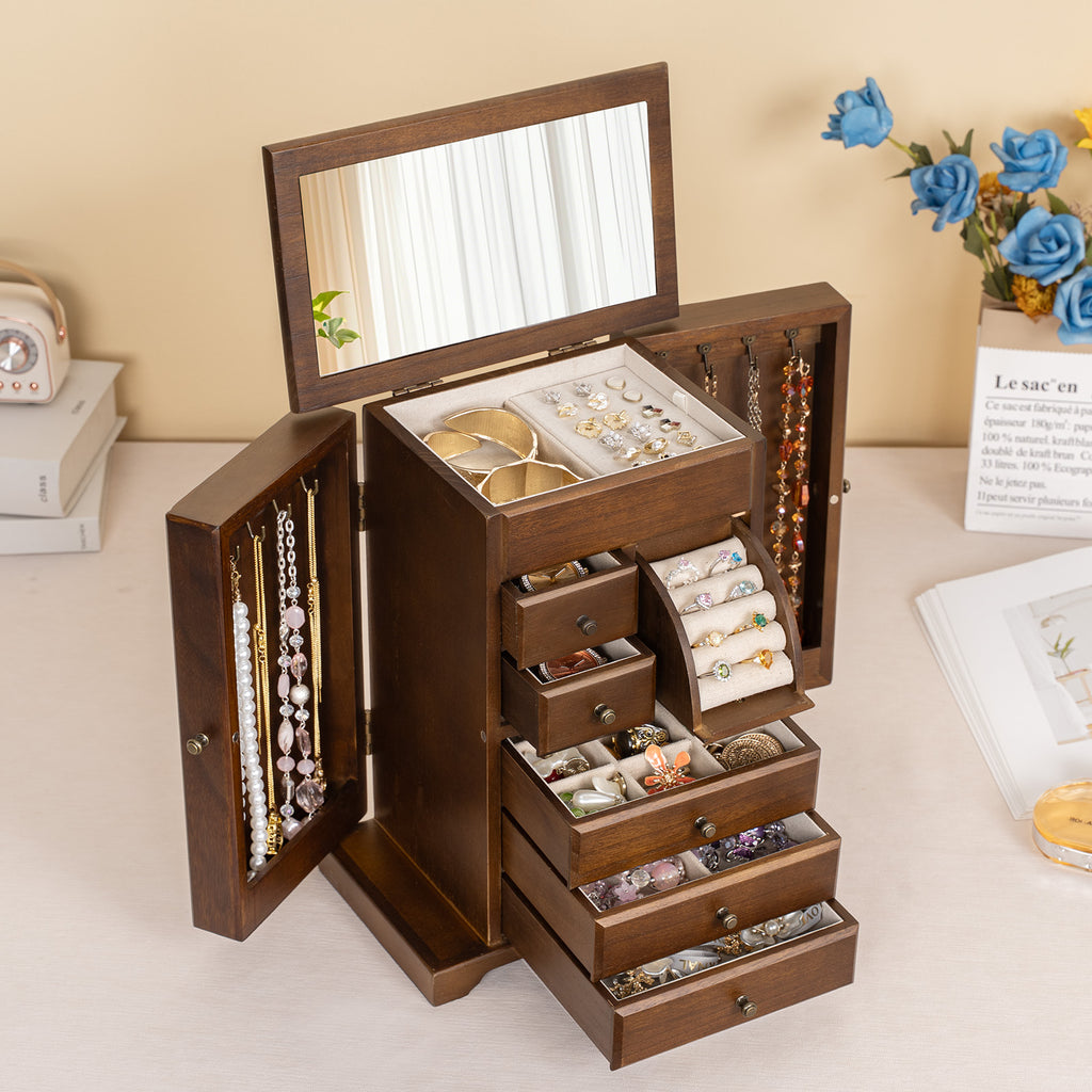 6 Layer Rustic Wooden Jewelry Boxes & Organizers with Mirror