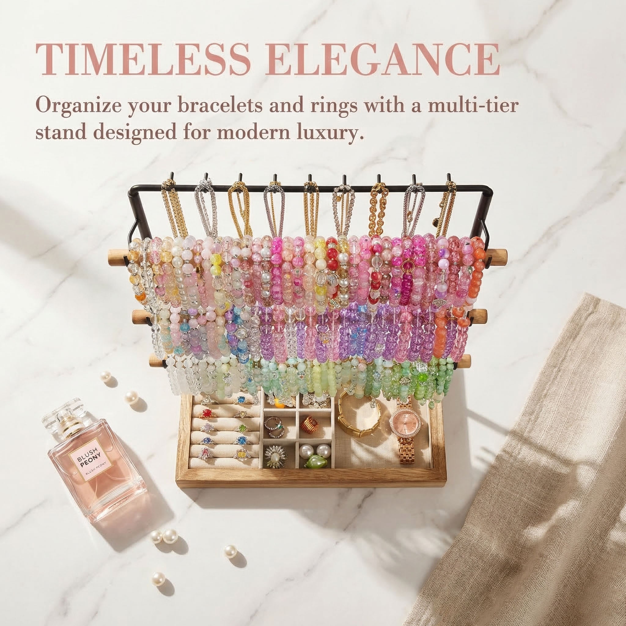 Jewelry Organizer Stand, 5 Layer Wood & Metal Bracelet Holder with Necklace Holder Pole
