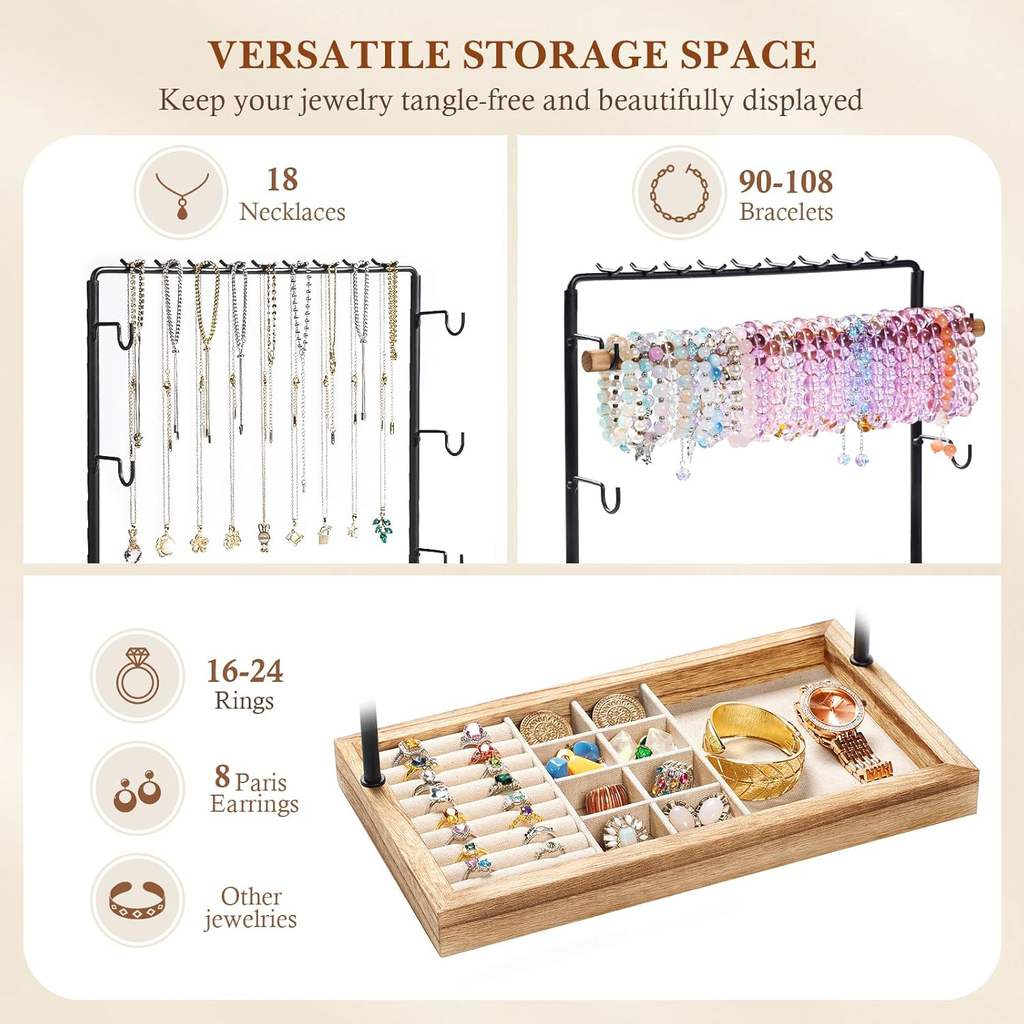 Jewelry Organizer Stand, 5 Layer Wood & Metal Bracelet Holder with Necklace Holder Pole