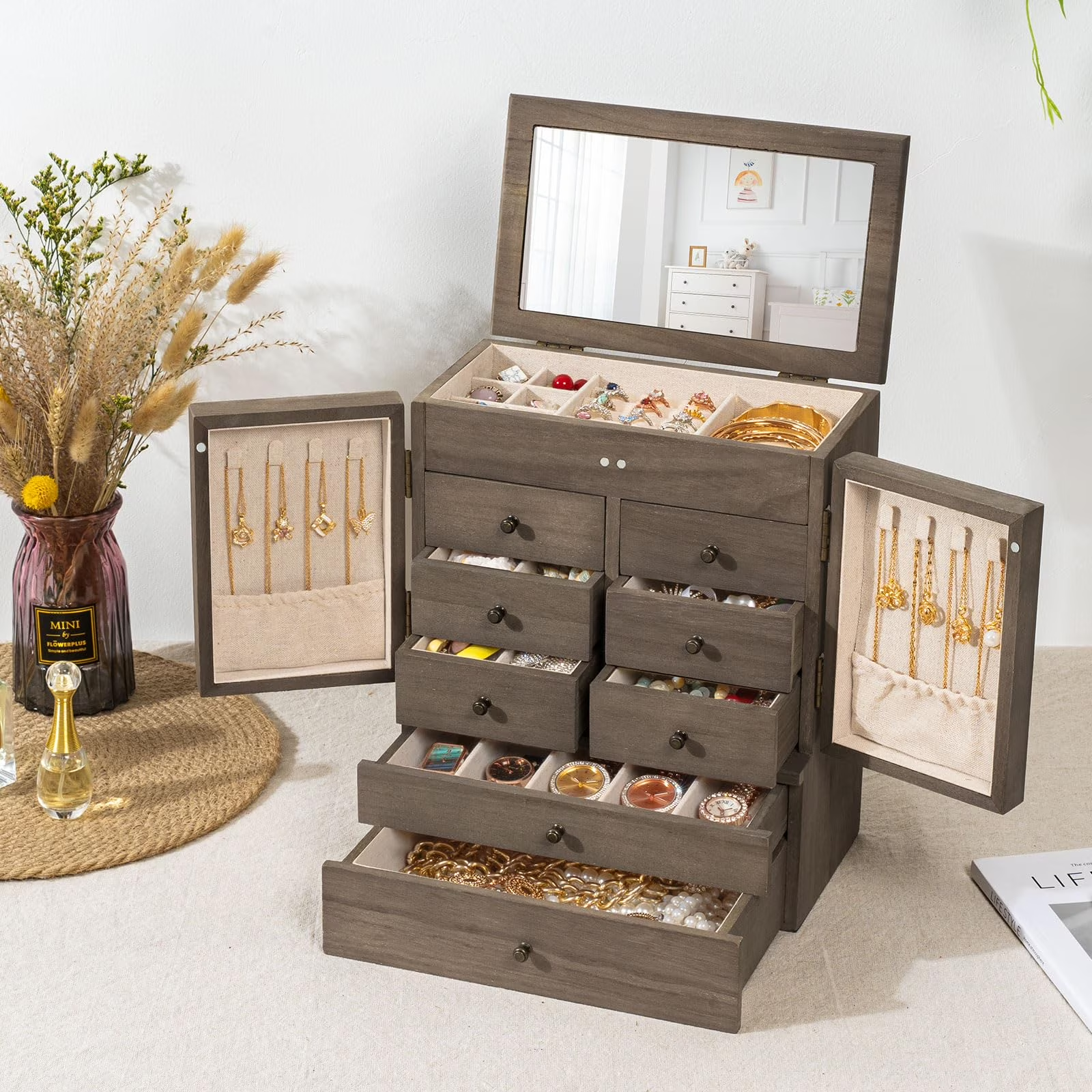 6-Layer Jewelry Box with Mirror & 8 Drawers for Women