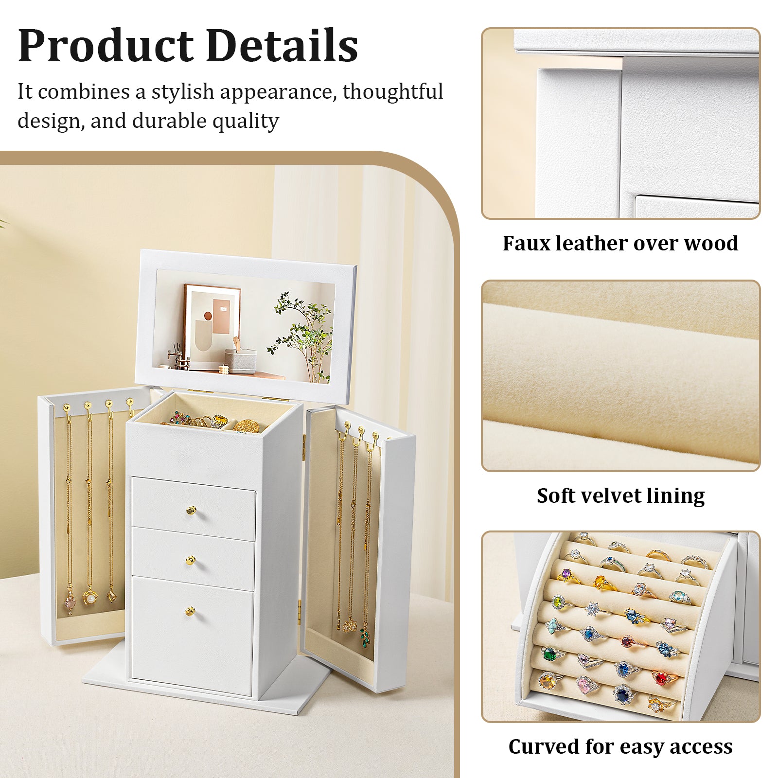 Sfugno 4 Layer Leather Jewelry Boxes,White