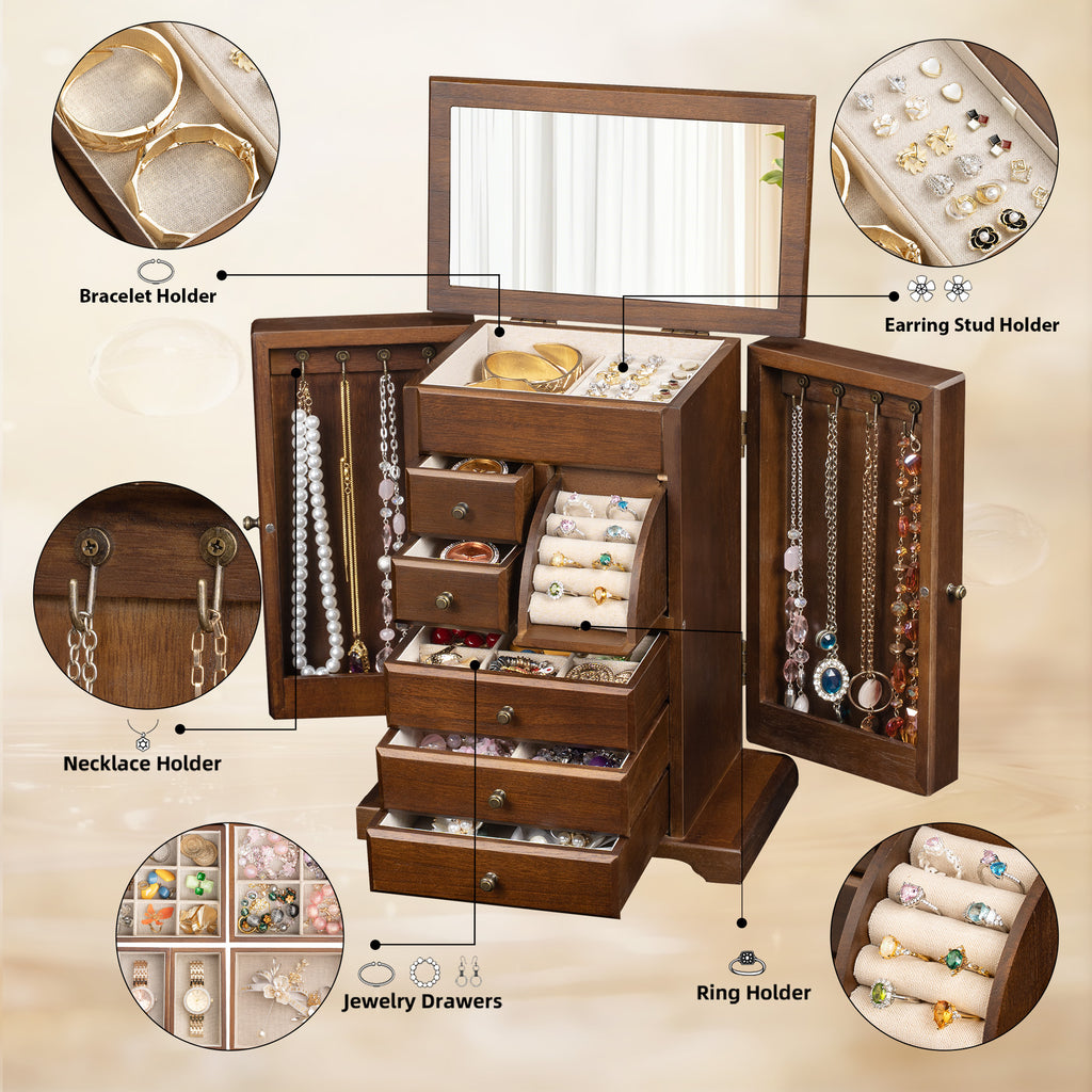 6 Layer Rustic Wooden Jewelry Boxes & Organizers with Mirror
