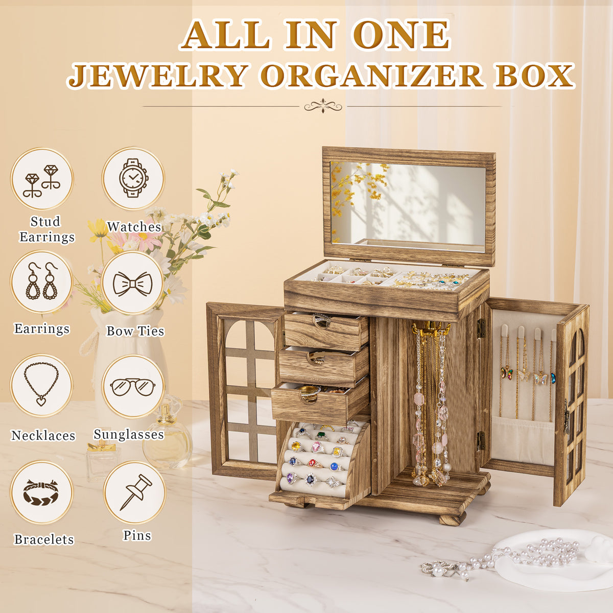 Dinmligt 5-Tier Large Wooden Jewelry Box for Women
