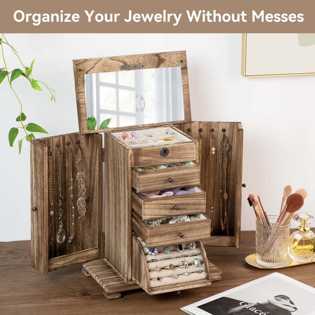 Dinmligt 5 Layer Large Wooden Jewelry Boxes & Organizers with Lock,Rustic Brown