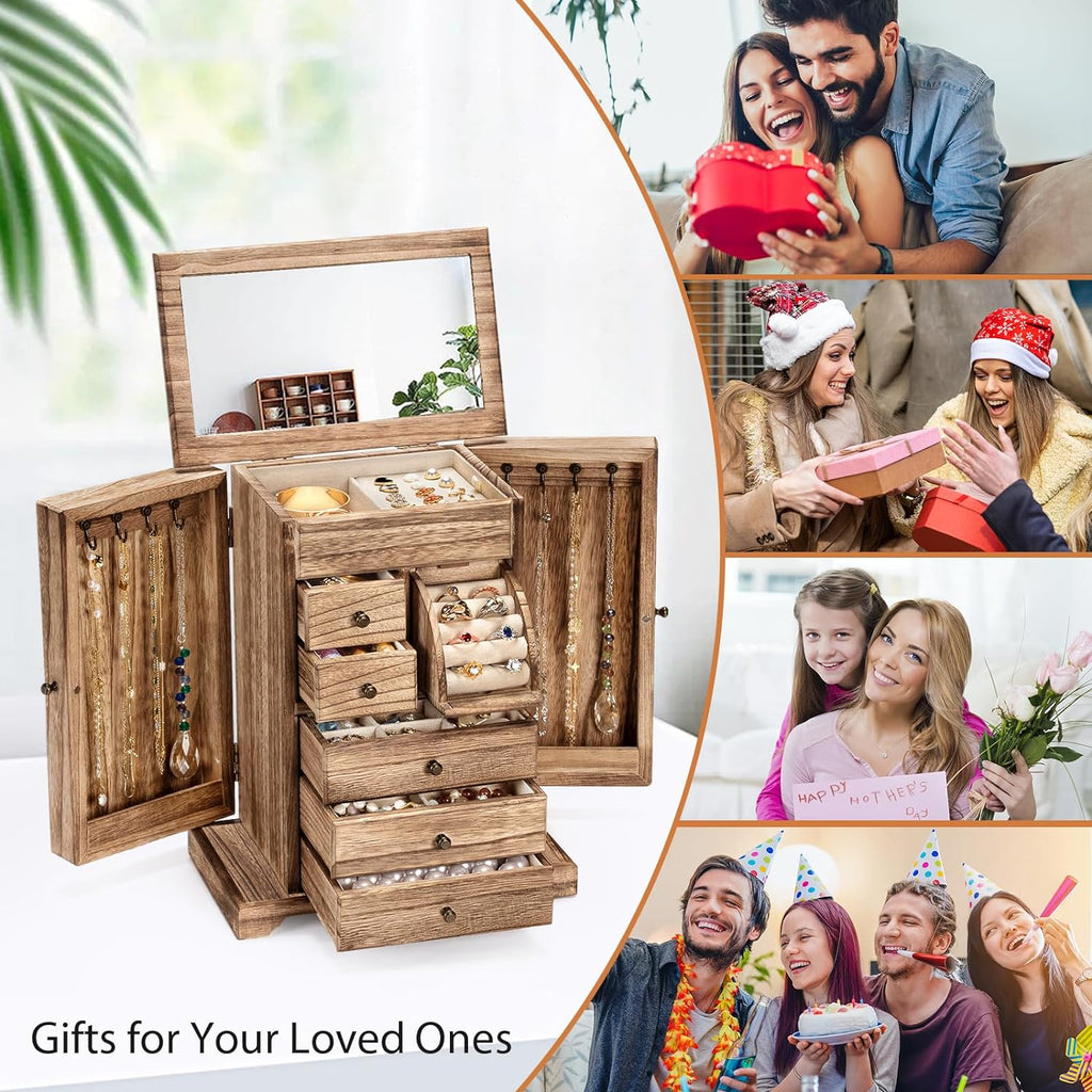 6 Layer Rustic Wooden Jewelry Boxes & Organizers with Mirror