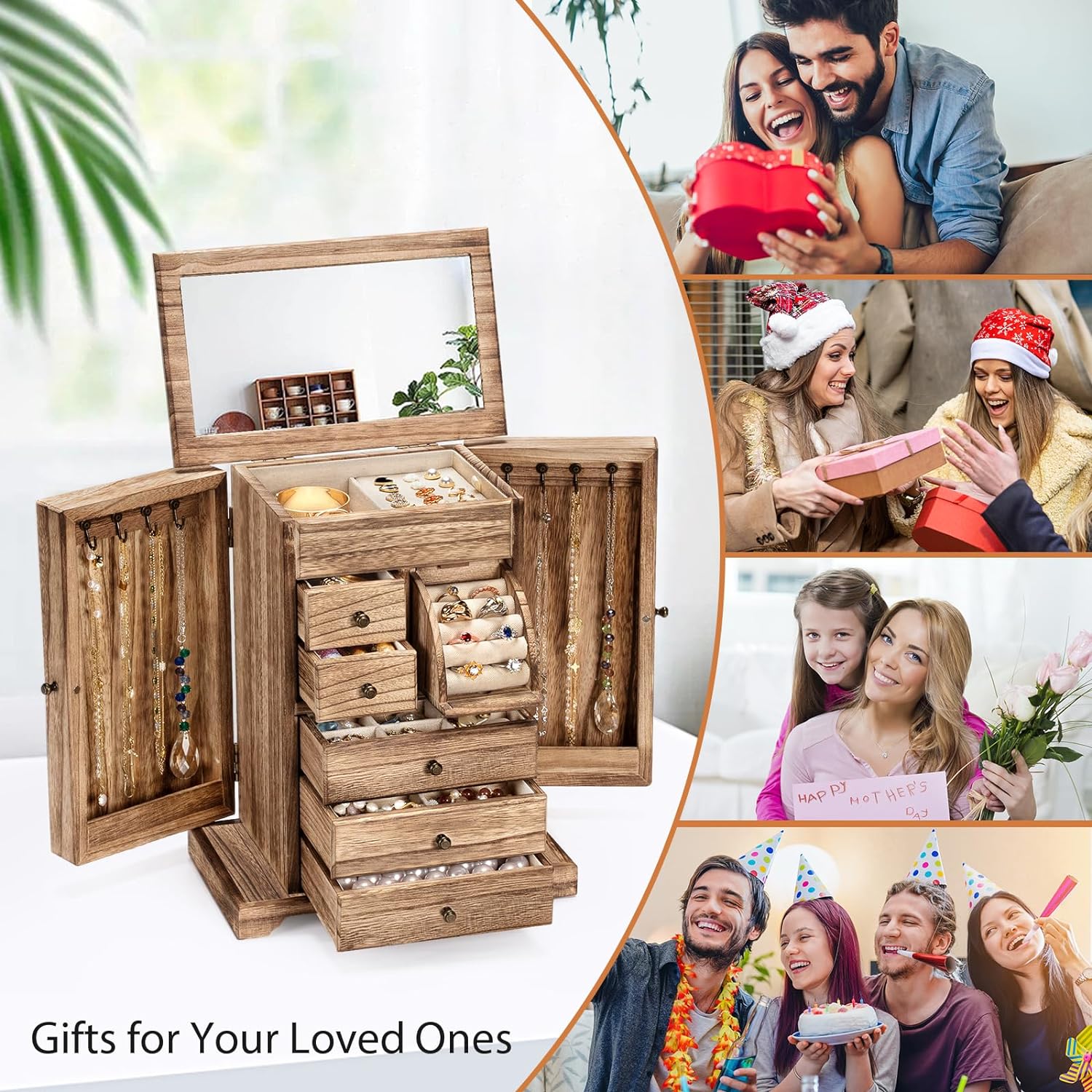 6 Layer Rustic Wooden Jewelry Boxes & Organizers with Mirror