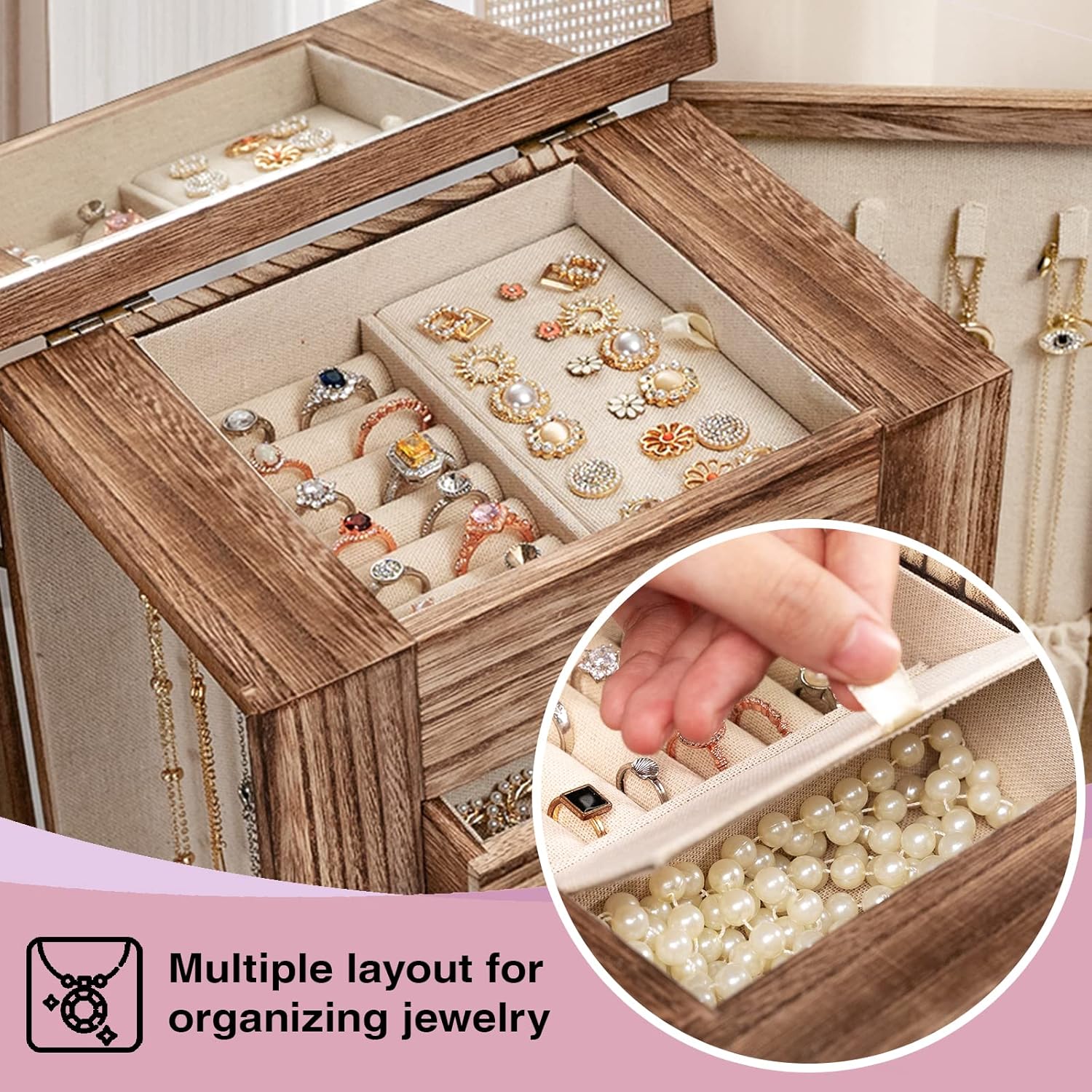 5 Layer Large Wood Jewelry Boxes & Organizers for Necklaces Earrings Rings Bracelets