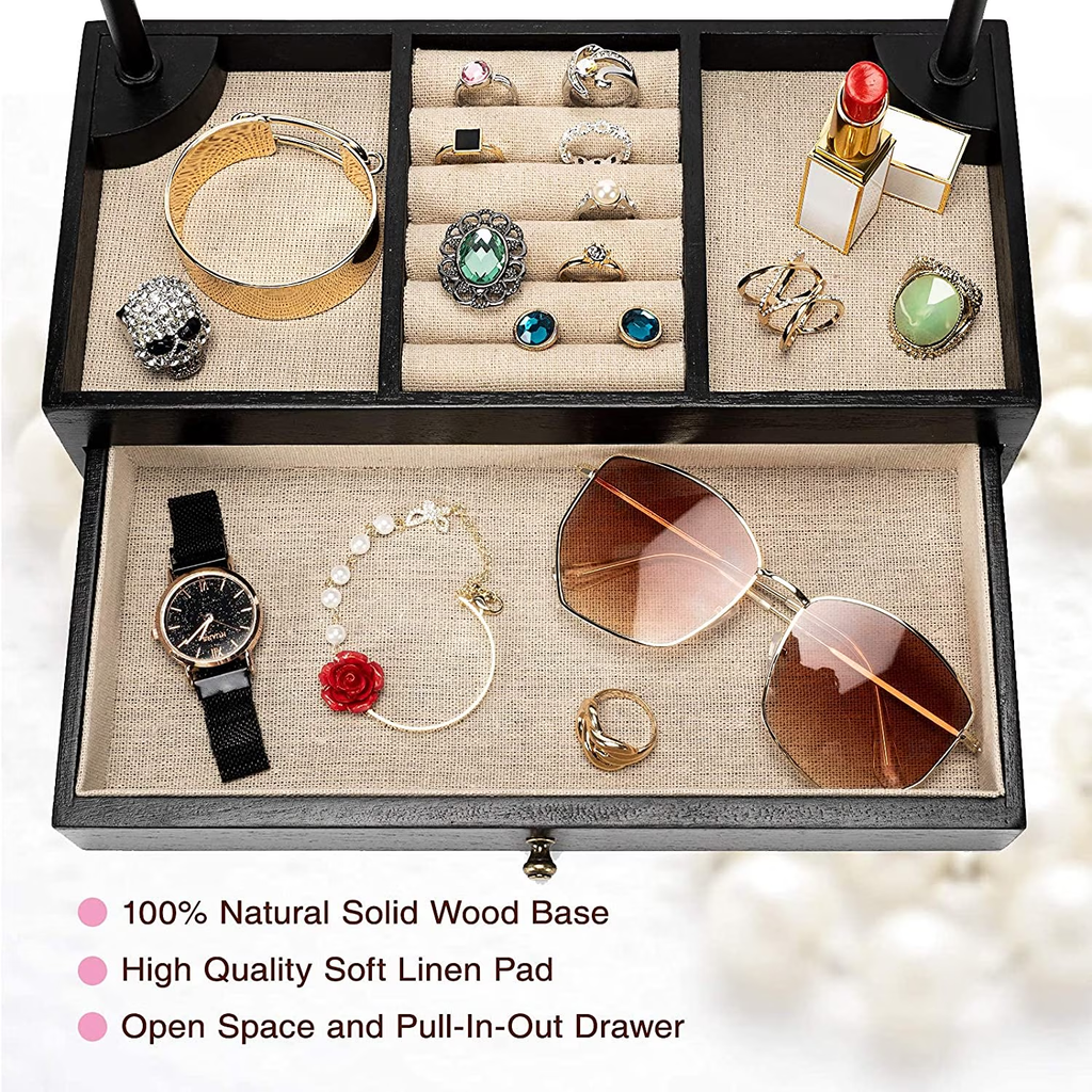 Jewelry Organizer Stand, Wood Jewelry Drawer Storage Box with Double Rods