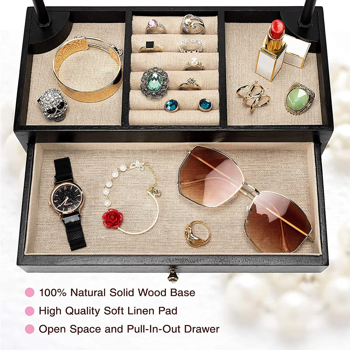 Jewelry Organizer Stand, Wood Jewelry Drawer Storage Box with Double Rods