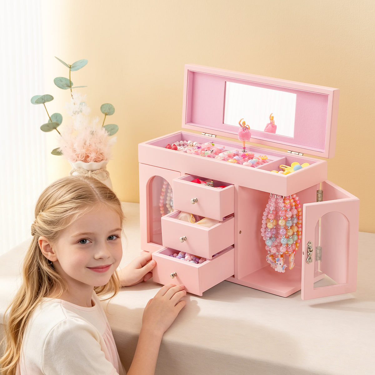 Musical Jewelry Box for Girls, Wooden Jewelry Organizer Box with Mirror