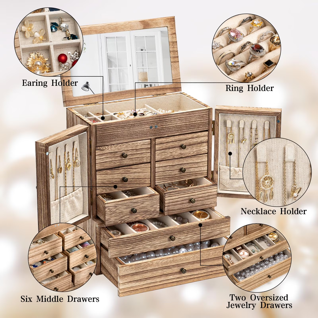 6-Layer Jewelry Box with Mirror & 8 Drawers for Women