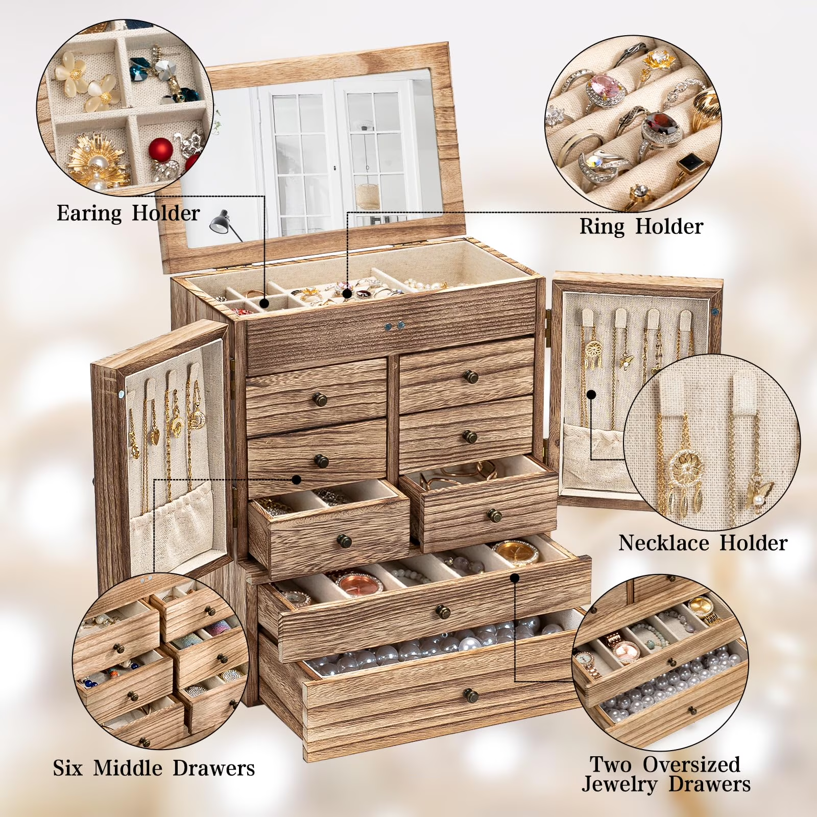 6-Layer Jewelry Box with Mirror & 8 Drawers for Women