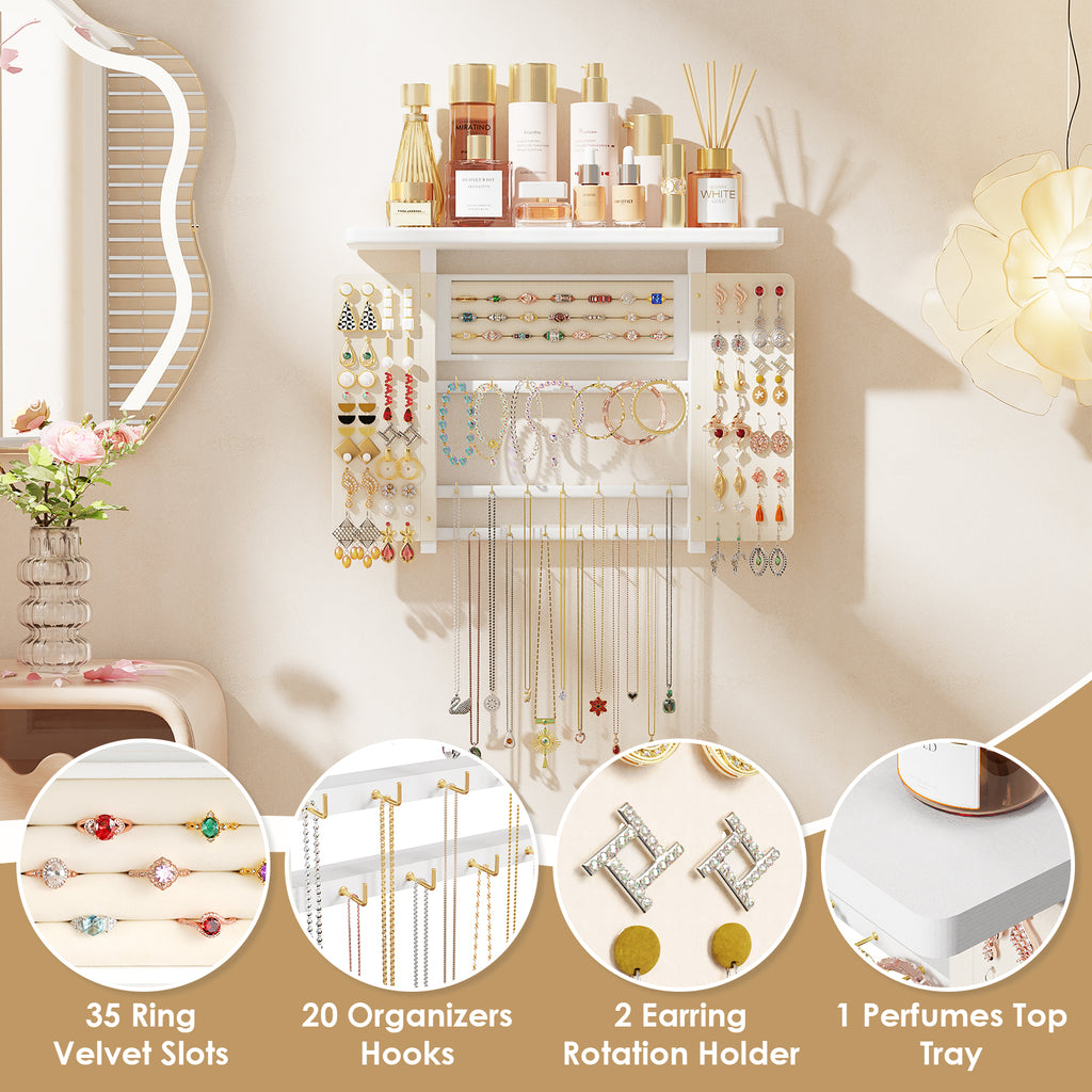 Wood Wall Mounted Jewelry Holder and Jewelry Storage for Necklaces Bracelets Earrings Rings