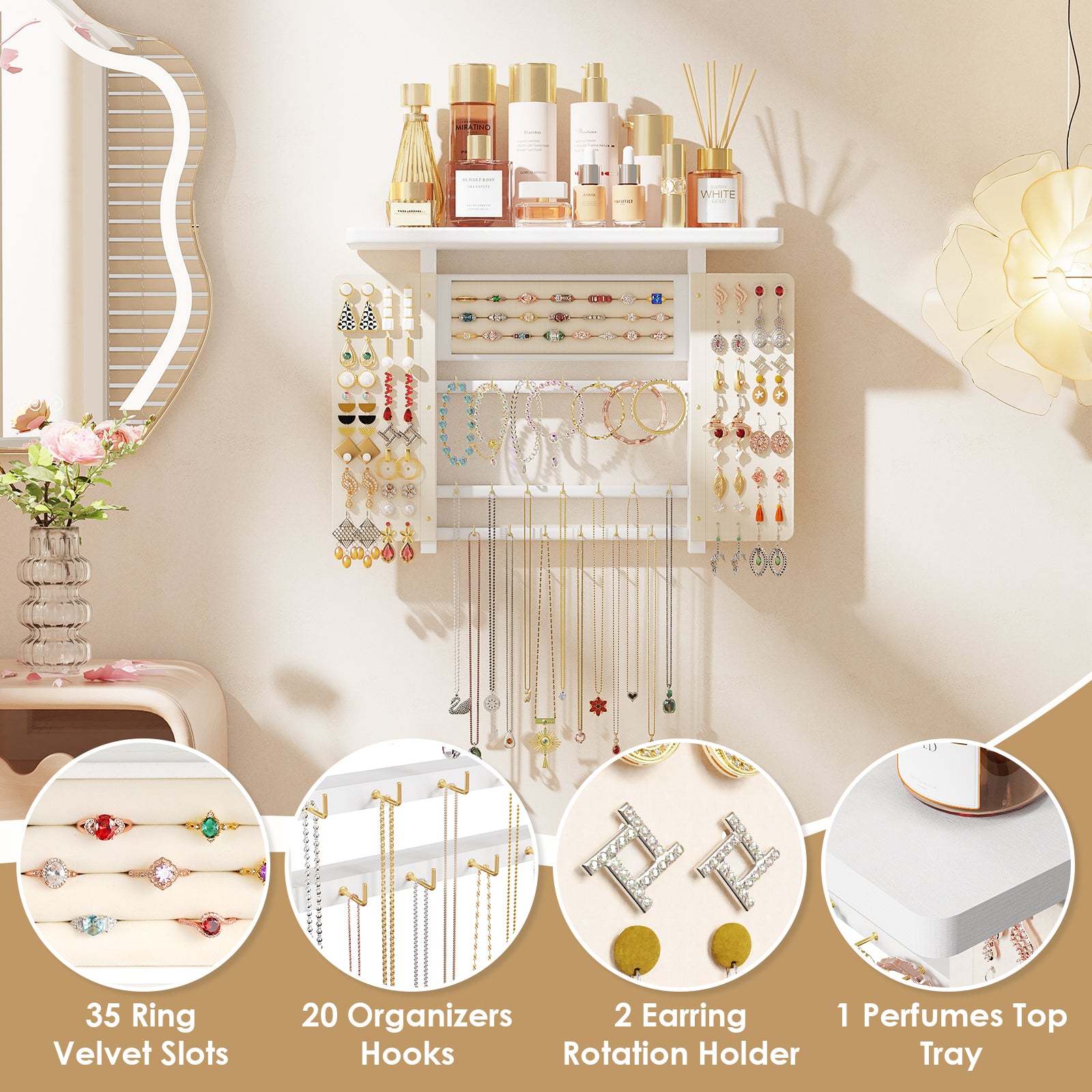 Wood Wall Mounted Jewelry Holder and Jewelry Storage for Necklaces Bracelets Earrings Rings